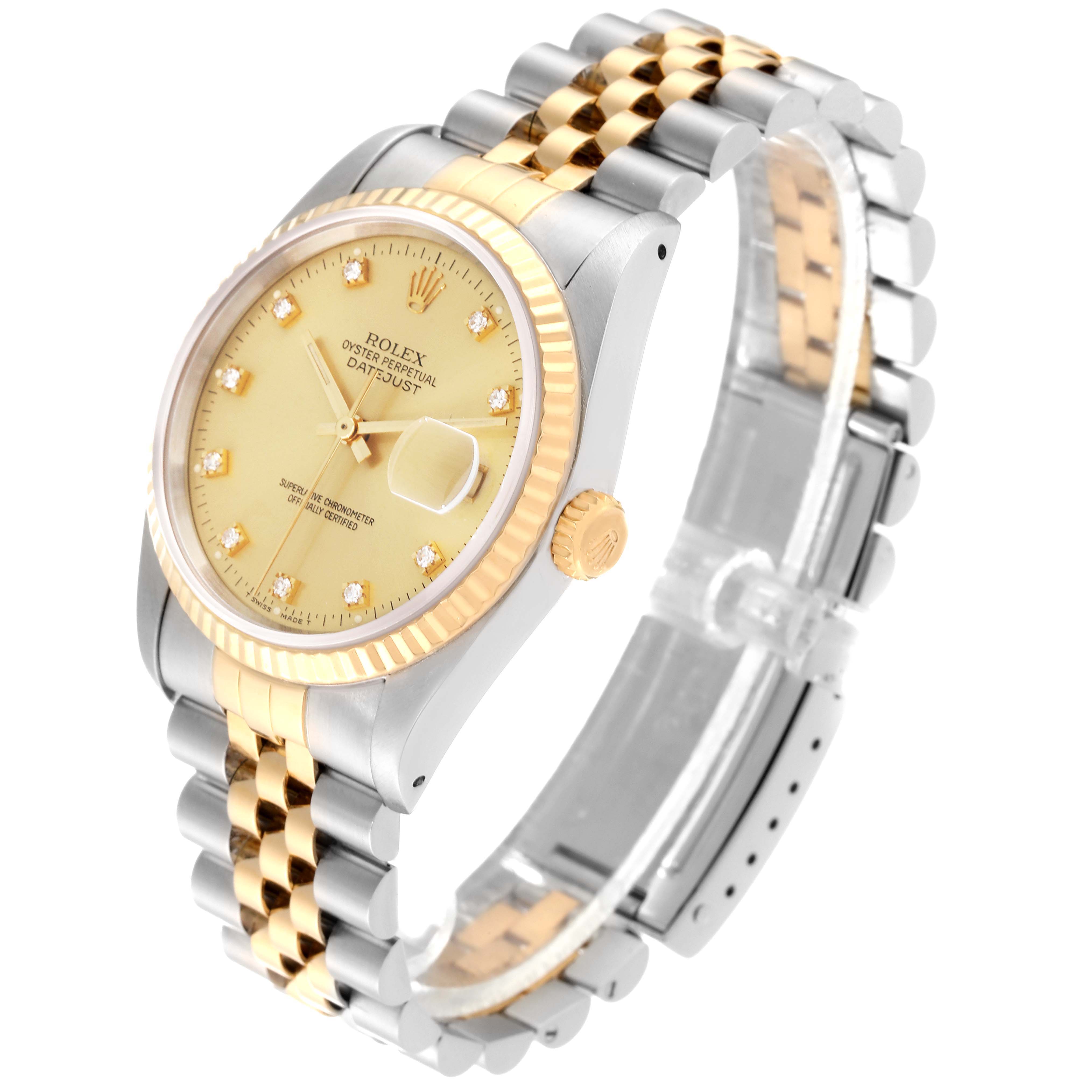 The image shows a Rolex Datejust 16233 Men's Steel and Gold (two tone) Champagne Dial 16233 Men's Steel and Gold (two tone) Champagne Dial watch from a three-quarter angle, highlighting its dial, bezel, and bracelet.