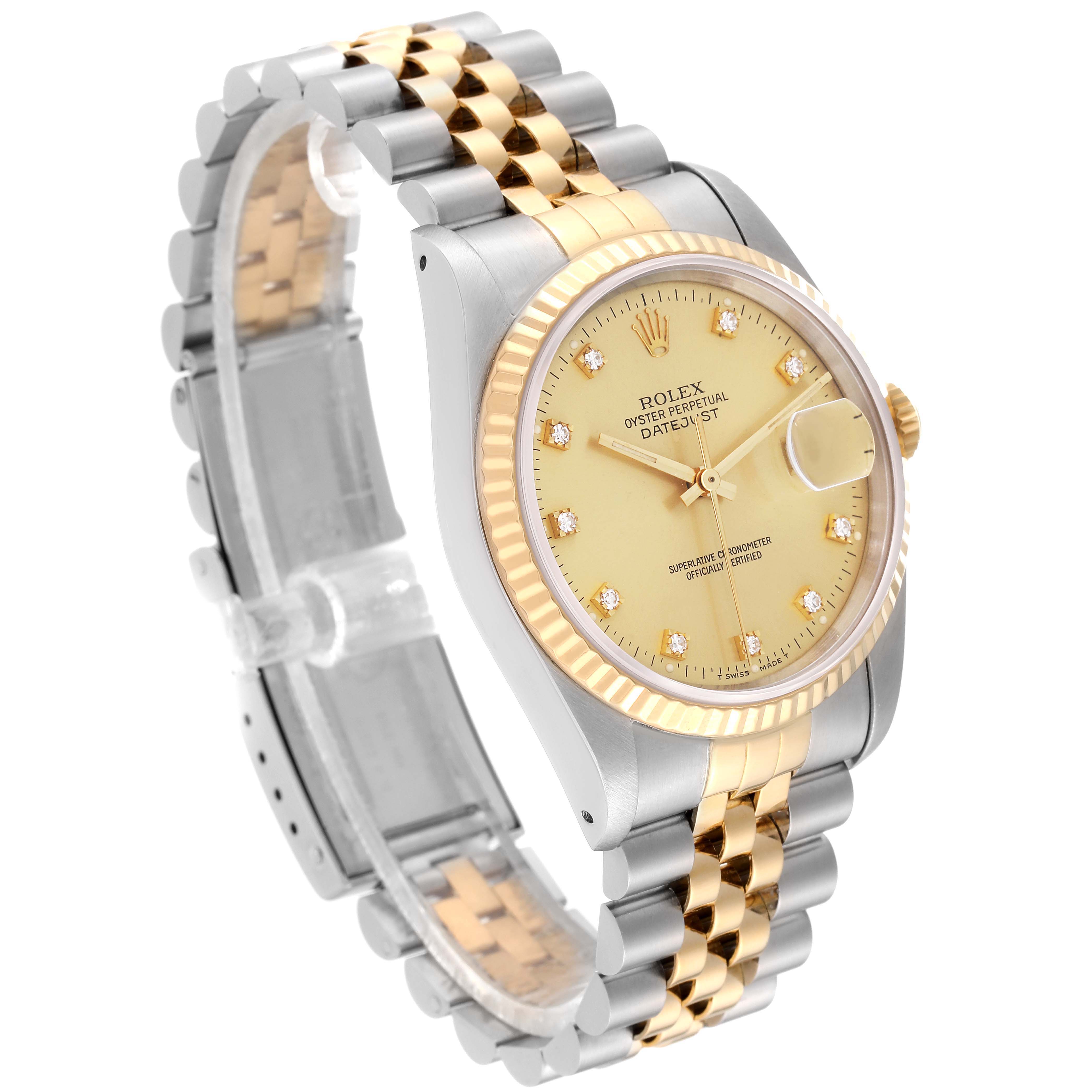 The image shows a side-angle view of a Rolex Datejust 16233 Men's Steel and Gold (two tone) Champagne Dial 16233 Men's Steel and Gold (two tone) Champagne Dial watch, highlighting the bezel, dial, and two-tone bracelet.