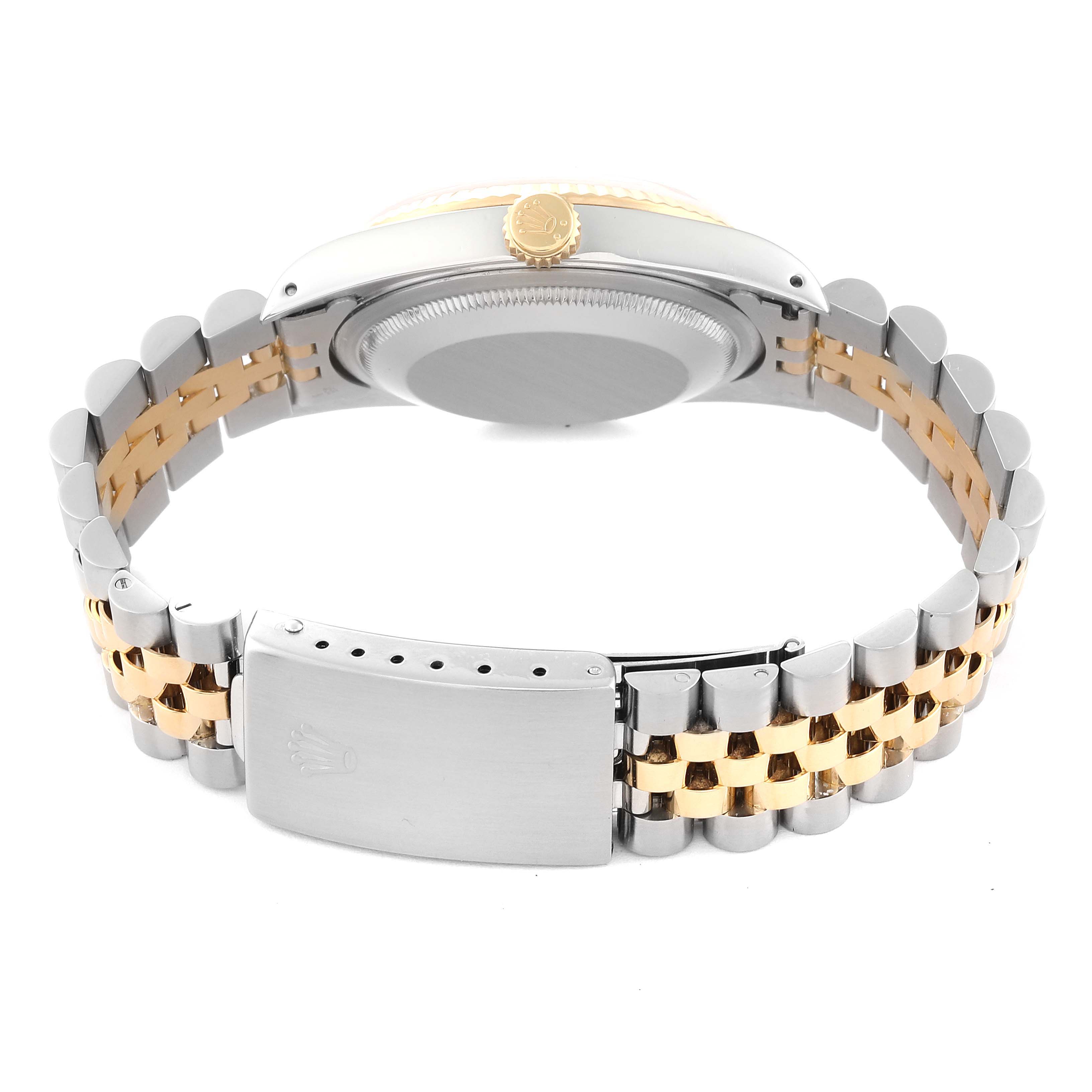 The image shows the back of a Rolex Datejust 16233 Men's Steel and Gold (two tone) Champagne Dial 16233 Men's Steel and Gold (two tone) Champagne Dial watch, including the bracelet, clasp, and watch case back.