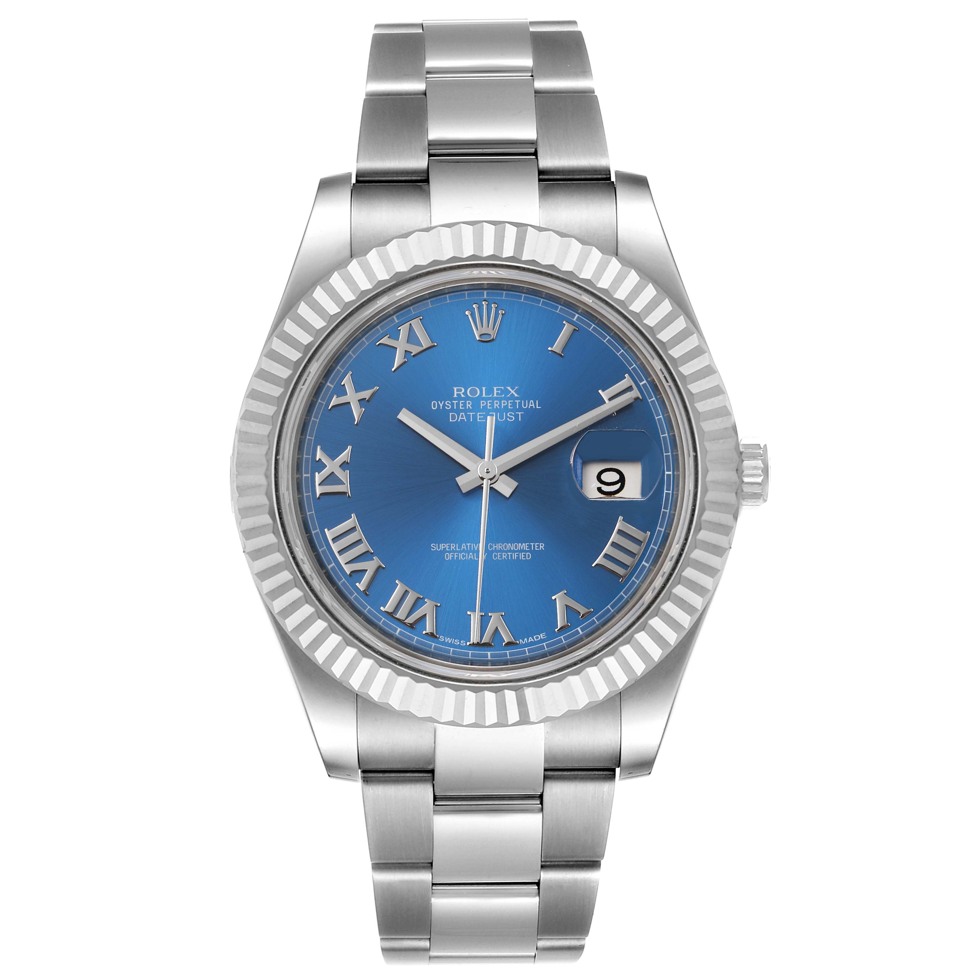 The image shows a front view of a Rolex Datejust 41 116334 Men
s Stainless Steel Blue Dial 116334 Men
s Stainless Steel Blue Dial watch with a blue dial, fluted bezel, and oyster bracelet.