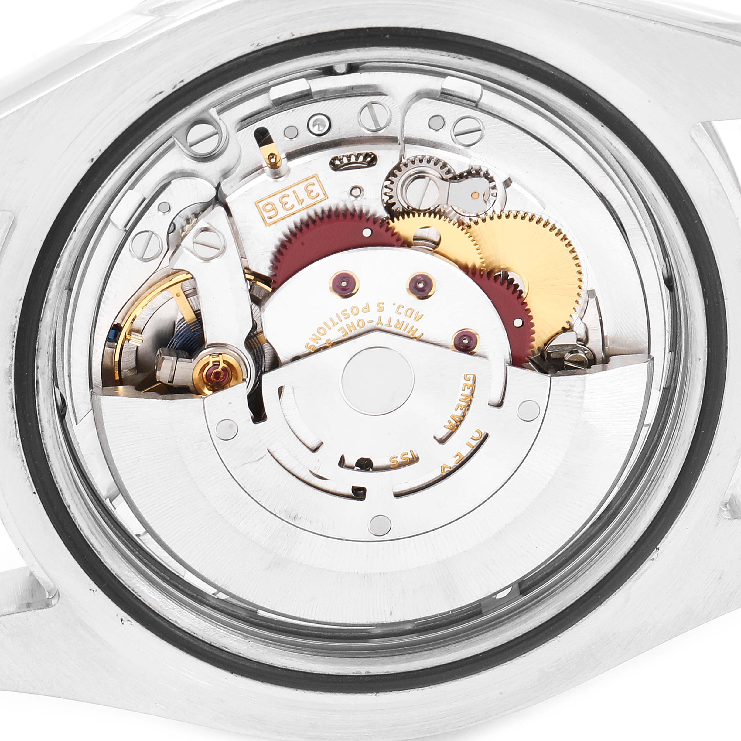 This image shows the movement mechanism of a Rolex Datejust 41 116334 Men
s Stainless Steel Blue Dial 116334 Men
s Stainless Steel Blue Dial model from the back angle.