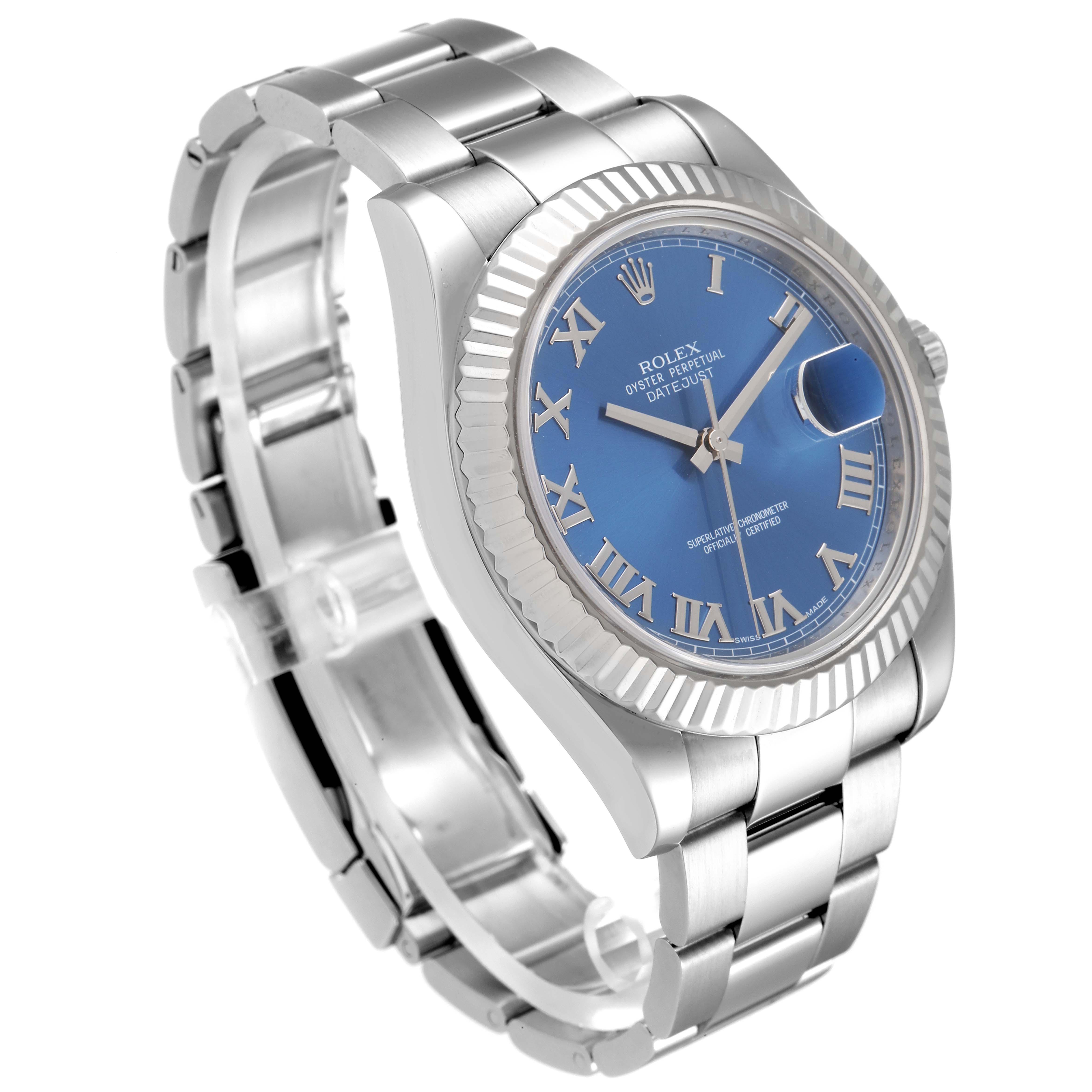 The image shows a side angle view of the Rolex Datejust 41 116334 Men
s Stainless Steel Blue Dial 116334 Men
s Stainless Steel Blue Dial watch, highlighting the blue dial, Roman numerals, and stainless steel bracelet.