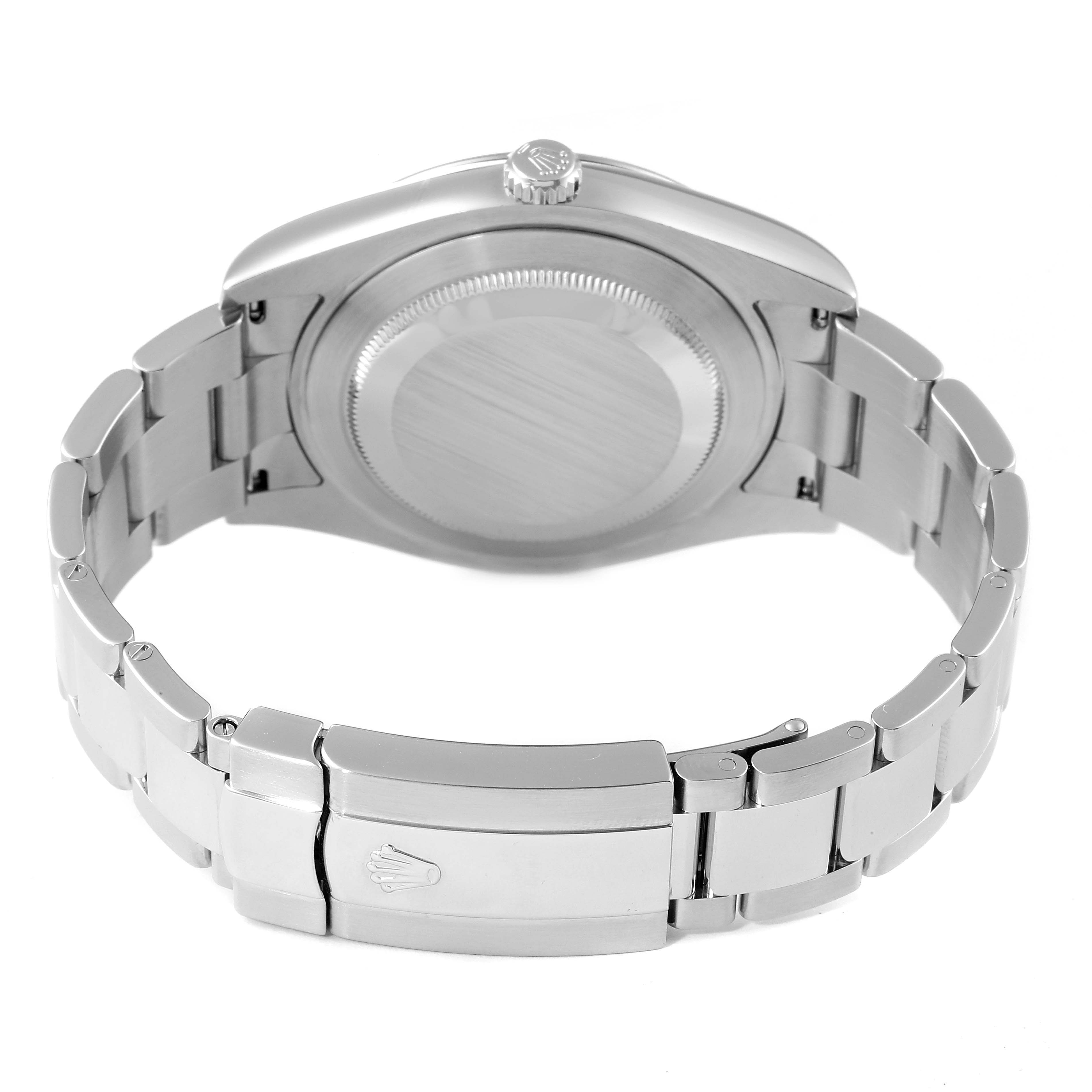 This image shows the back case and bracelet clasp of a Rolex Datejust 41 116334 Men
s Stainless Steel Blue Dial 116334 Men
s Stainless Steel Blue Dial watch viewed from the rear.