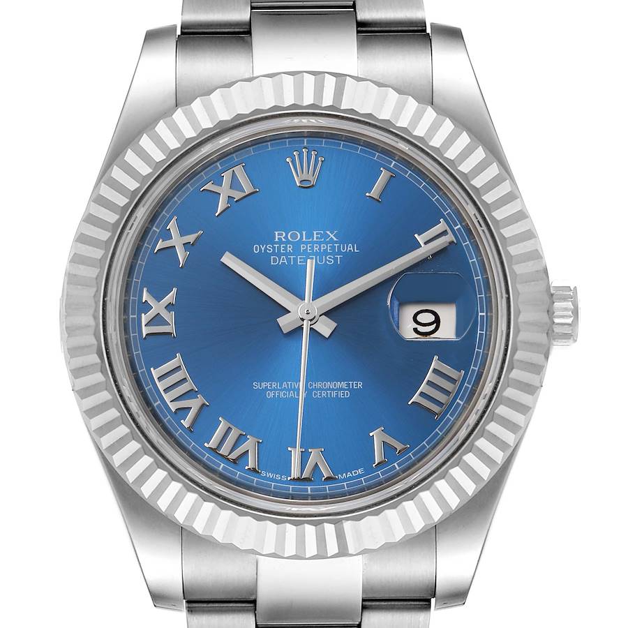 Rolex Datejust II Blue Roman Dial Fluted Bezel Mens Watch 116334 SwissWatchExpo