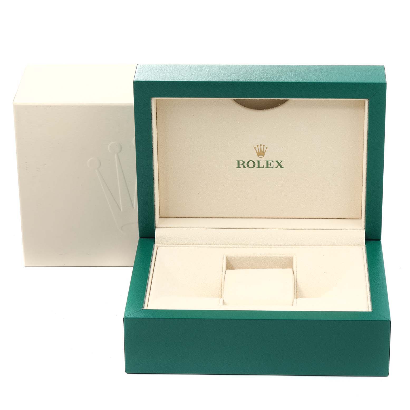 This image shows the opened box of a Rolex Datejust 41 116334 Men
s Stainless Steel Blue Dial 116334 Men
s Stainless Steel Blue Dial watch, revealing the interior with its compartments for holding the watch.