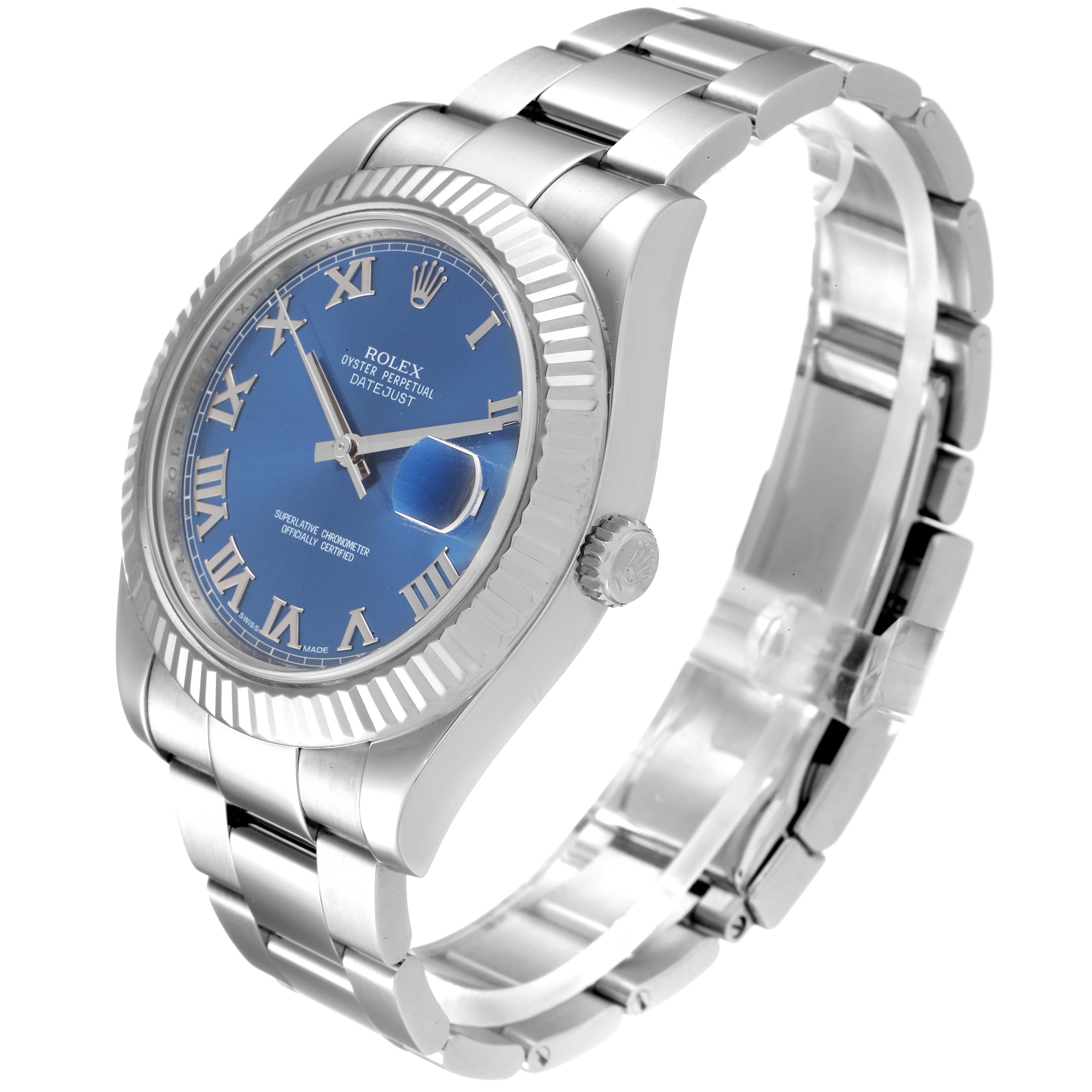 The image shows a Rolex Datejust 41 116334 Men
s Stainless Steel Blue Dial 116334 Men
s Stainless Steel Blue Dial watch with a blue dial, Roman numerals, and a stainless steel bracelet at a 3/4 angle.