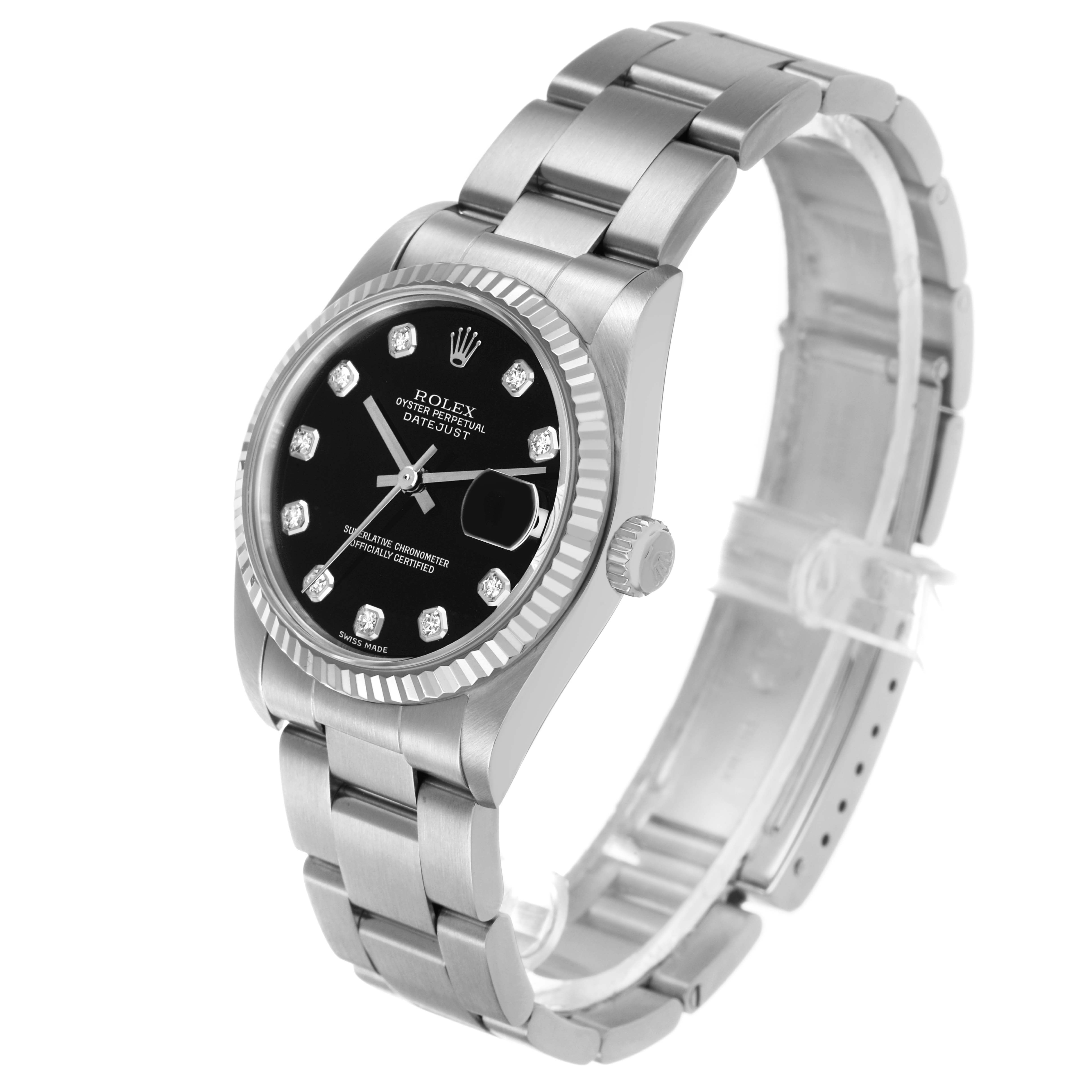 The Rolex Datejust 78274 Men's Stainless Steel Black Dial watch is shown at a three-quarter angle displaying the face, bezel, crown, and bracelet.