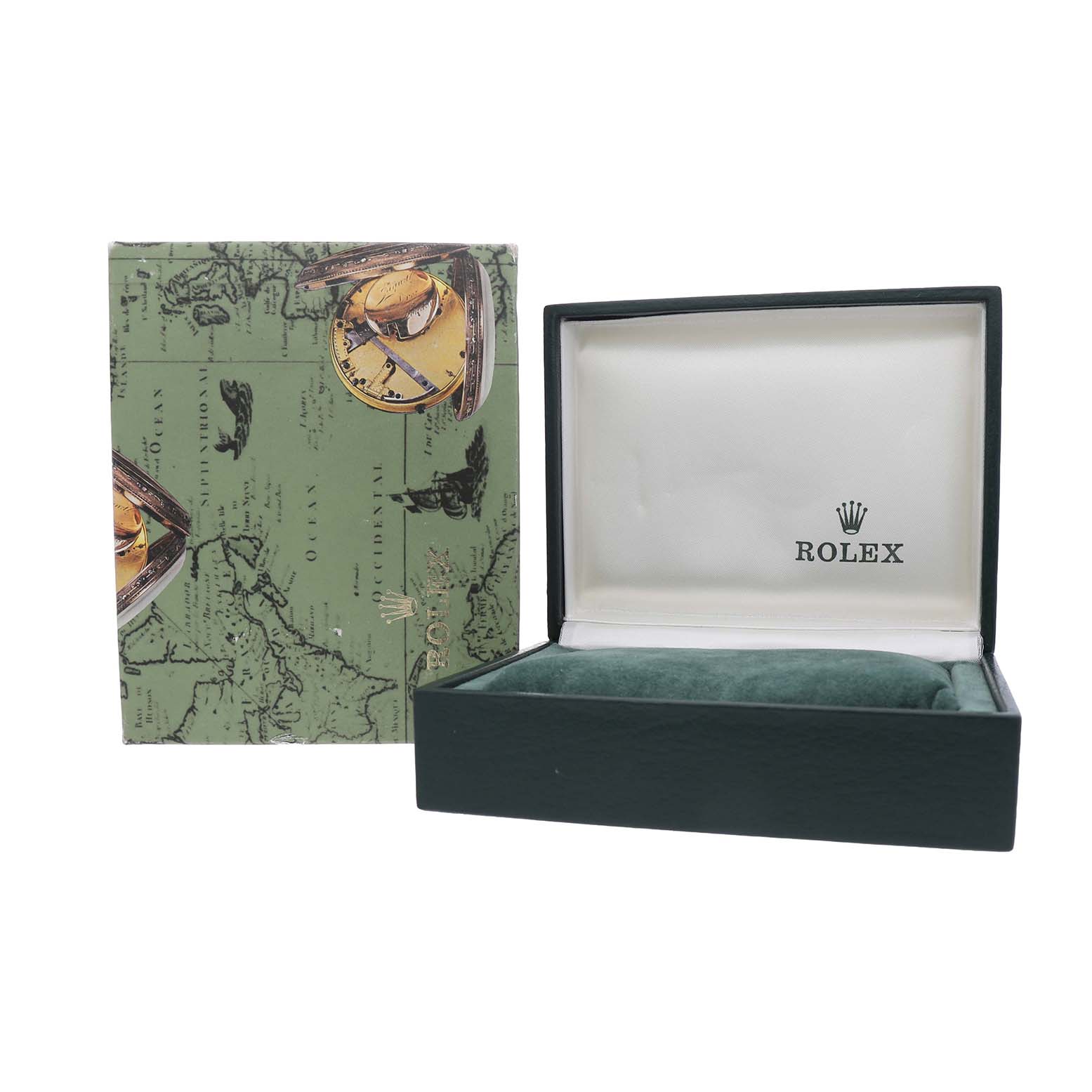 The image shows an open Rolex Datejust 78274 Men's Stainless Steel Black Dial box with the brand logo visible, alongside a decorative outer box.