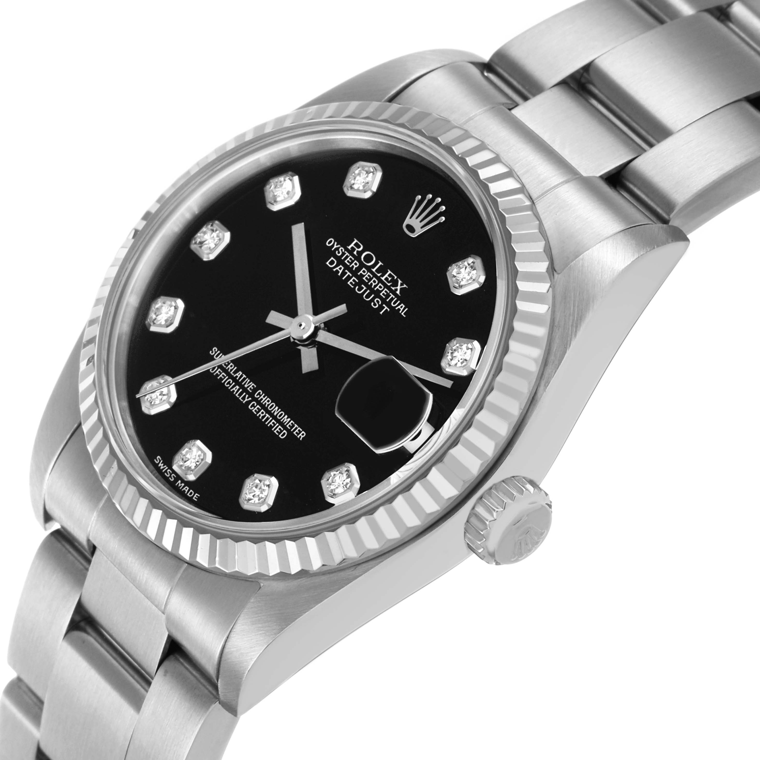 The Rolex Datejust 78274 Men's Stainless Steel Black Dial watch is shown at a three-quarter angle, displaying the dial, bezel, crown, and part of the bracelet.