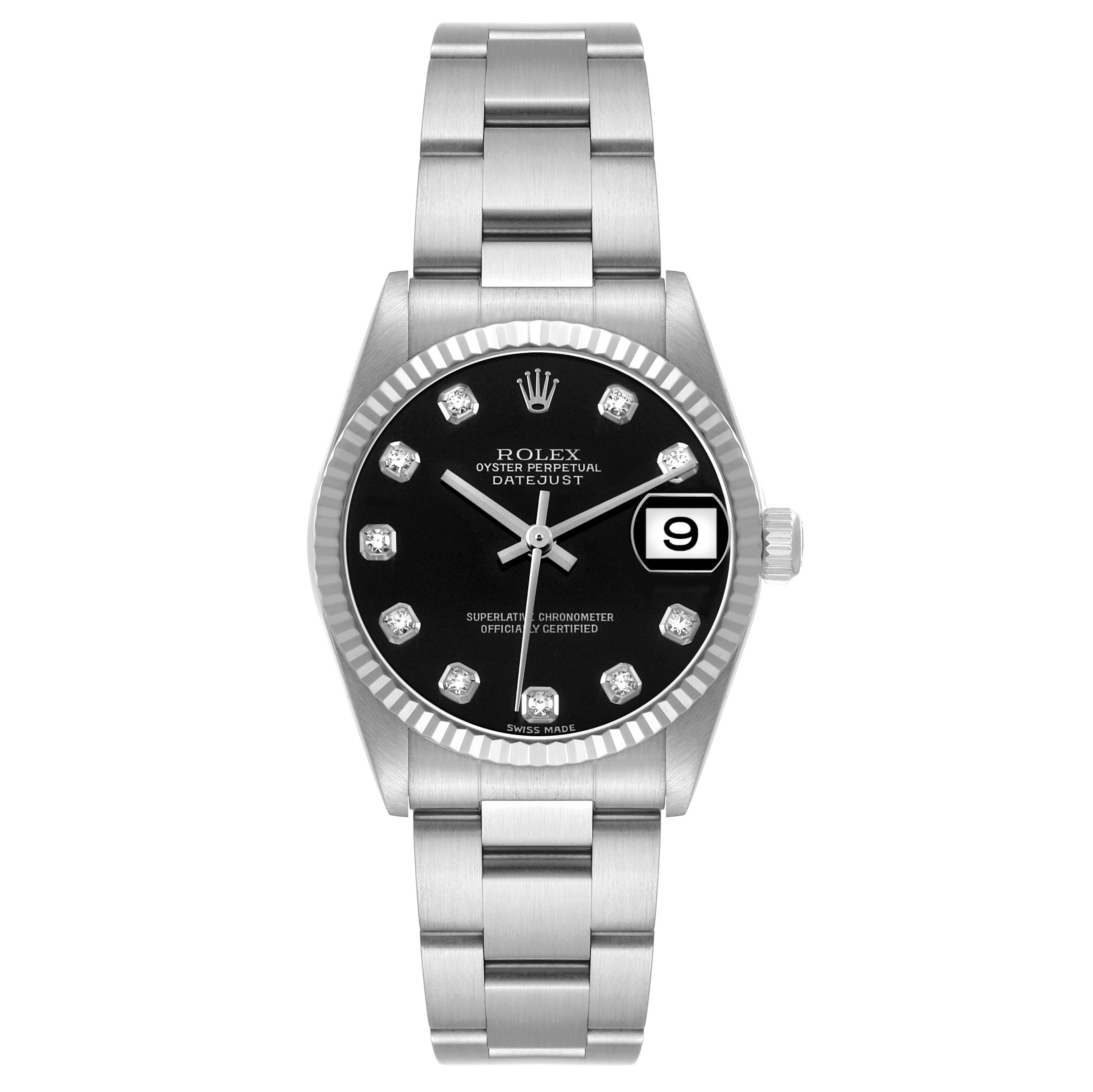 The Rolex Datejust 78274 Men's Stainless Steel Black Dial watch is shown from a front angle, highlighting its black dial, hour markers, hands, bezel, and bracelet.