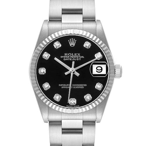 The Rolex Datejust 78274 Men's Stainless Steel Black Dial watch is shown from the front, featuring its black dial, diamond hour markers, fluted bezel, and bracelet.