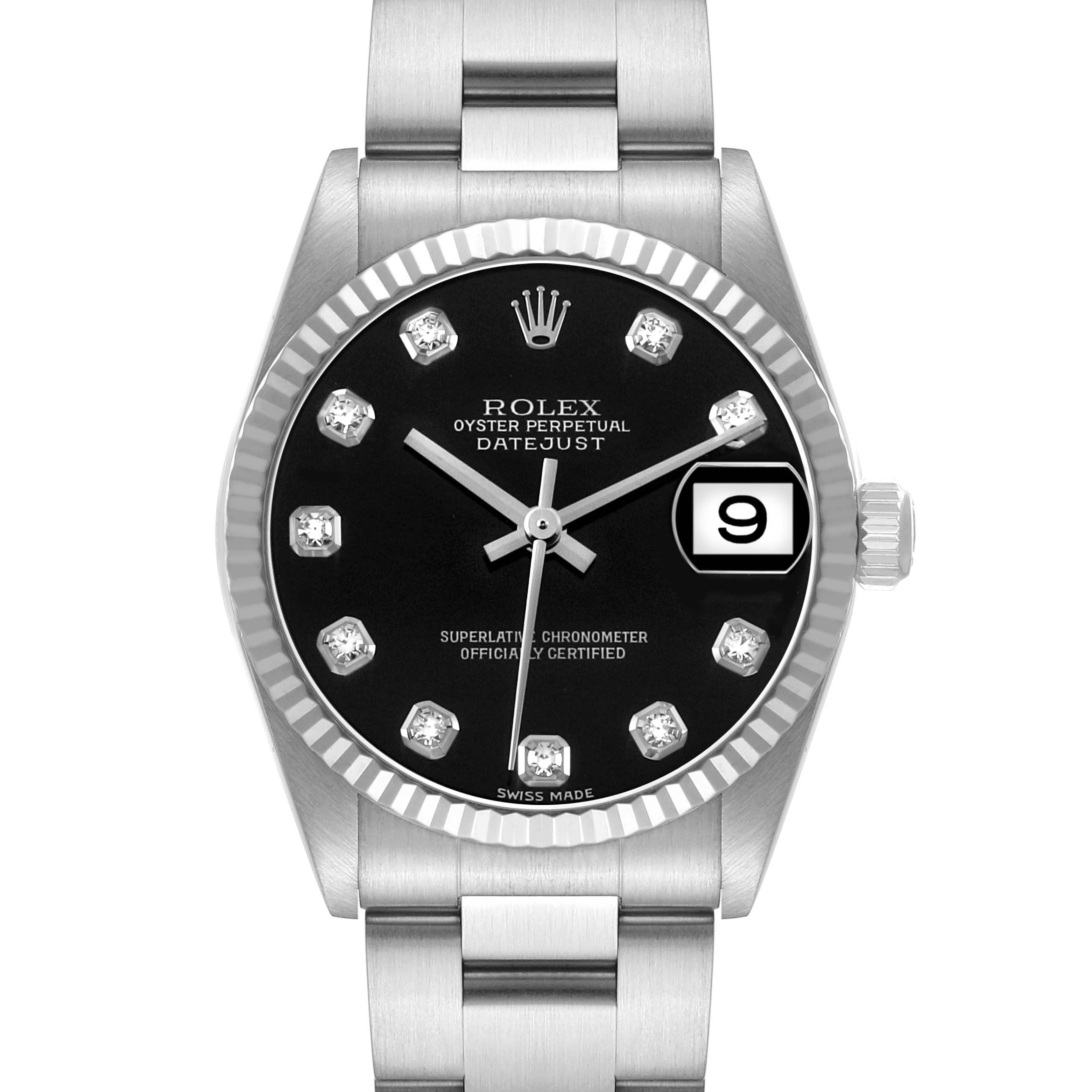The Rolex Datejust 78274 Men's Stainless Steel Black Dial watch is shown from the front, featuring a black dial, diamond hour markers, date window, and stainless steel bracelet.