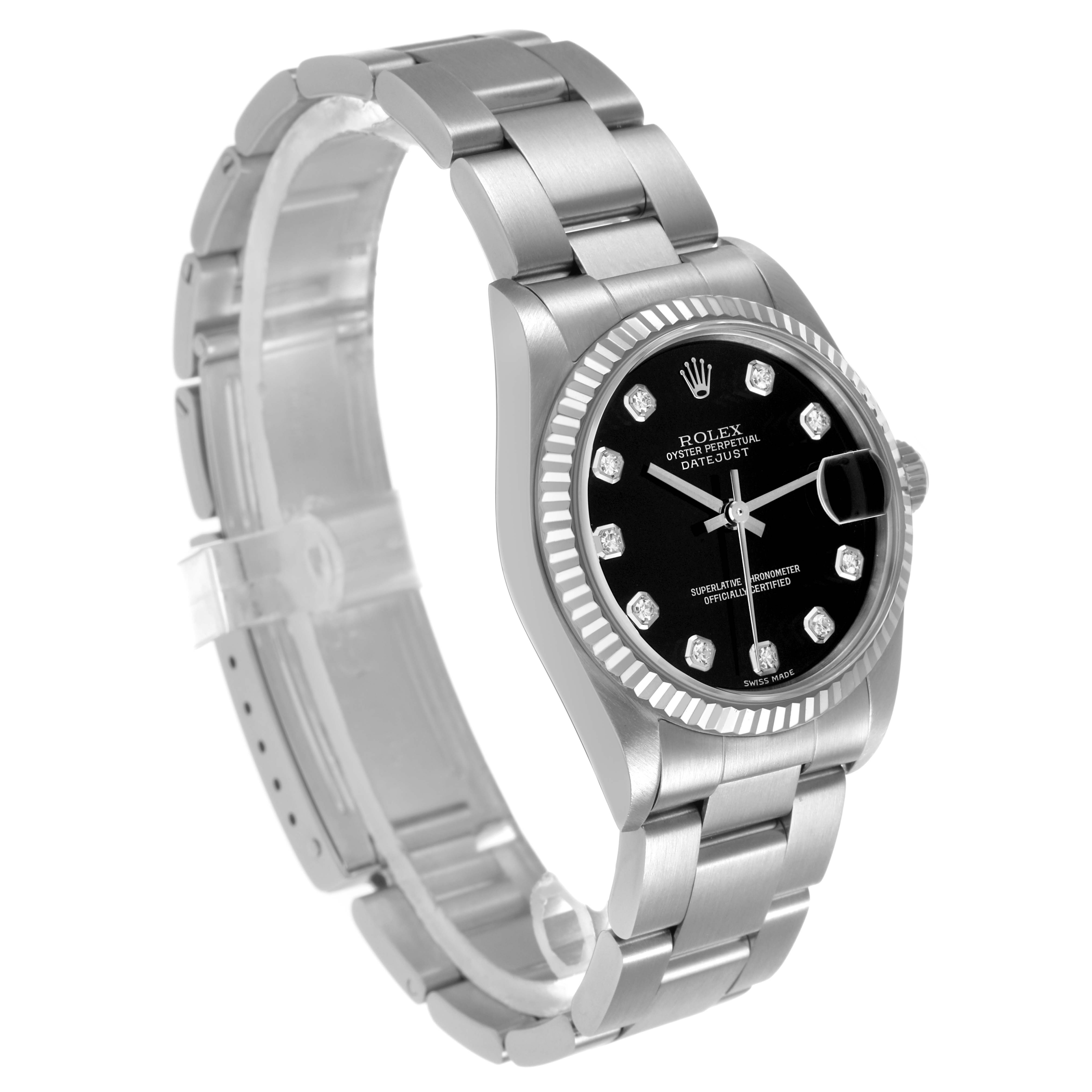 The Rolex Datejust 78274 Men's Stainless Steel Black Dial watch is shown from a three-quarter angle, highlighting the black dial, fluted bezel, and oyster bracelet.