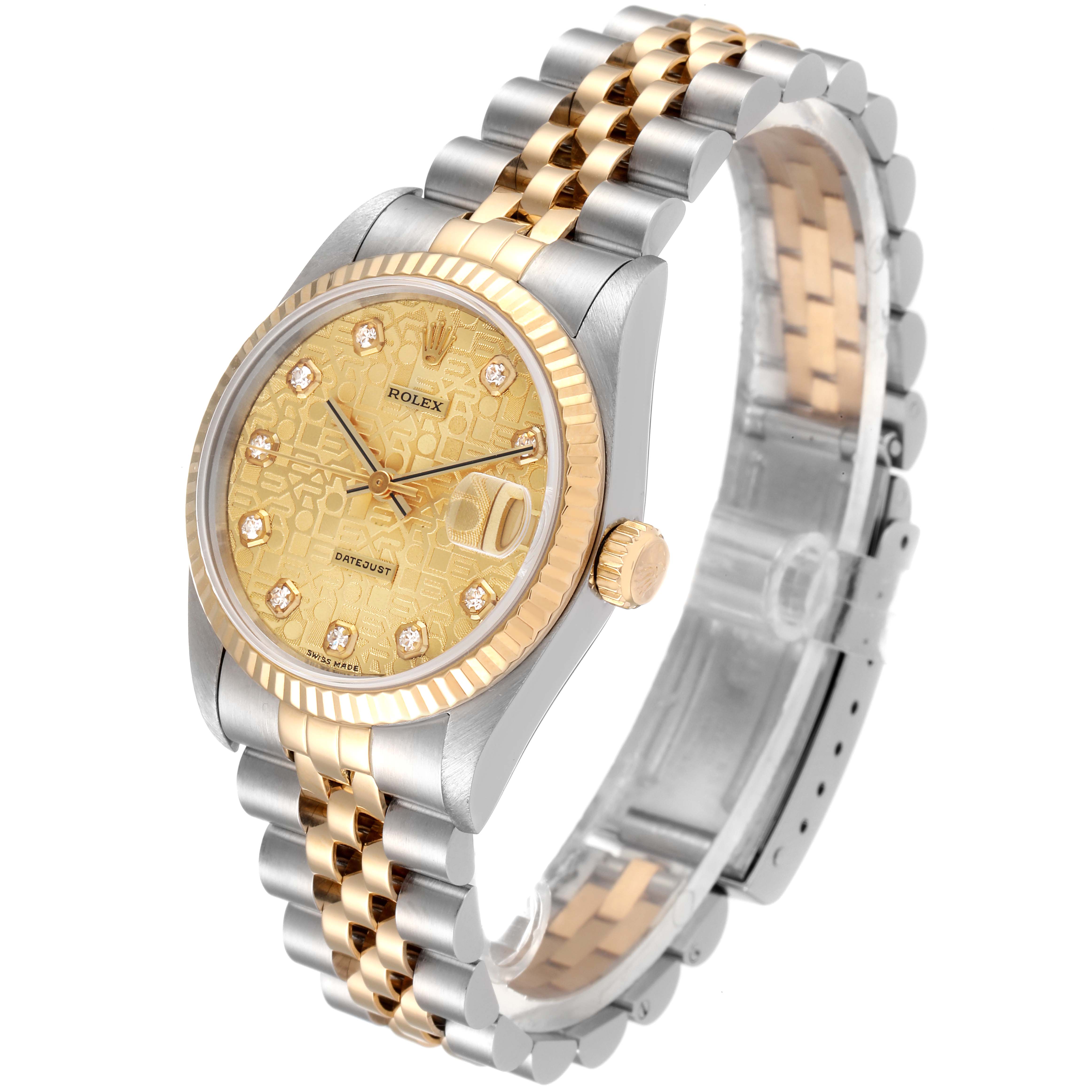 The Rolex Mid-Size 68273 Women's Steel and Gold (two tone) Champagne Dial 68273 Women's Steel and Gold (two tone) Champagne Dial watch is shown at a front-side angle, highlighting the dial, bezel, and two-tone bracelet.