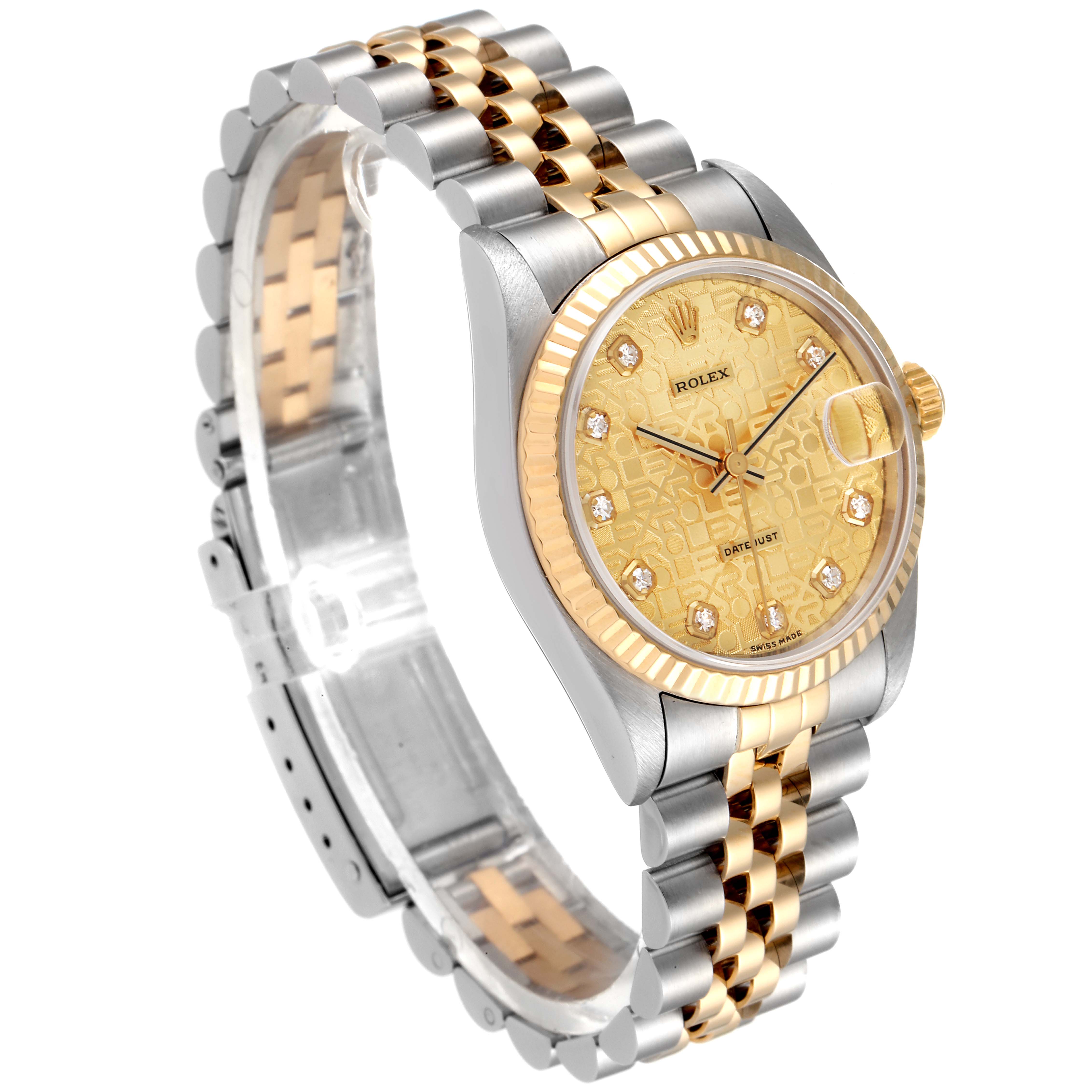 The Rolex Mid-Size 68273 Women's Steel and Gold (two tone) Champagne Dial 68273 Women's Steel and Gold (two tone) Champagne Dial watch is shown at an angle displaying the face, bezel, and two-tone bracelet.