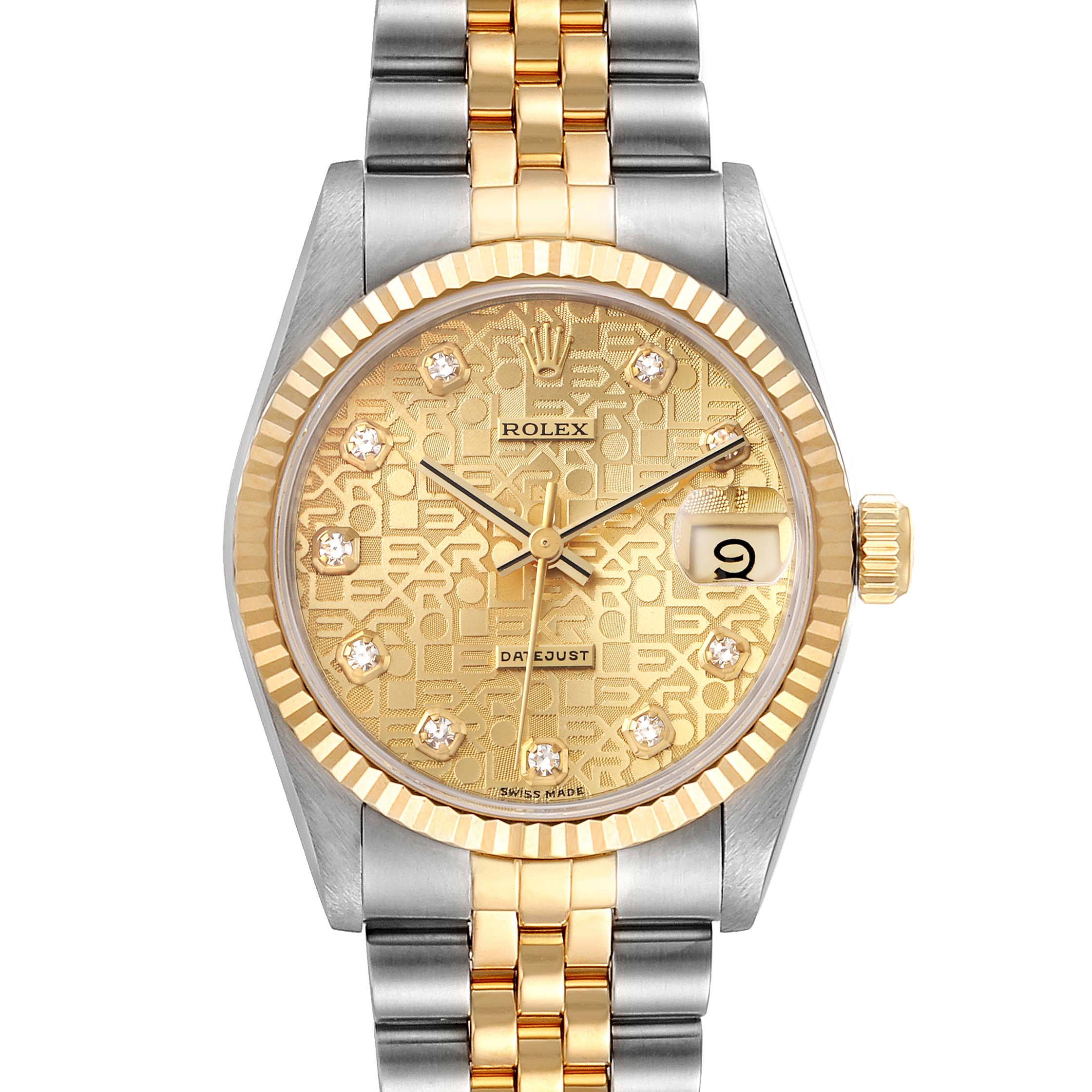 This is a front view of a Rolex Mid-Size 68273 Women's Steel and Gold (two tone) Champagne Dial 68273 Women's Steel and Gold (two tone) Champagne Dial model showing the dial, bezel, bracelet, and crown.