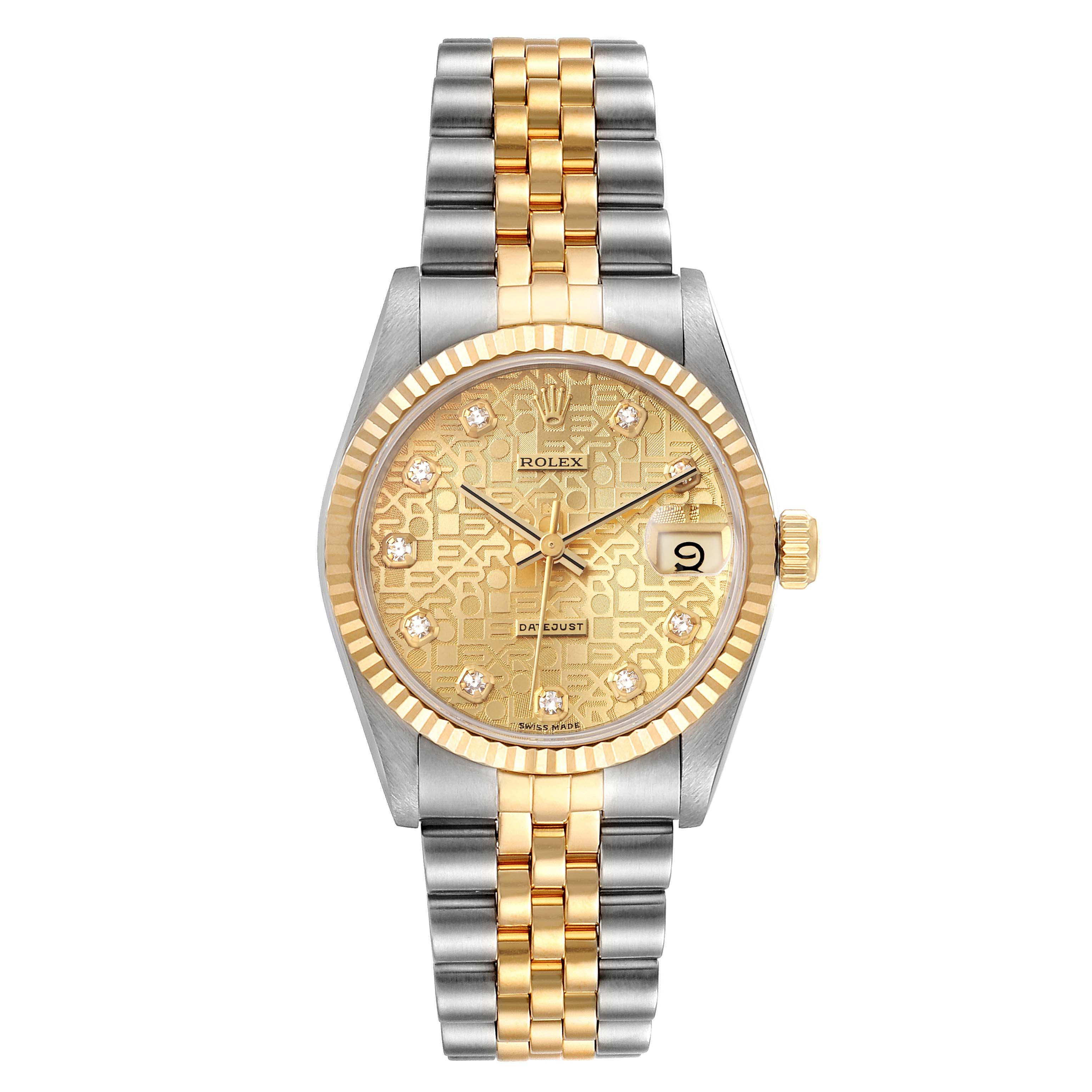 This image shows a front view of the Rolex Mid-Size 68273 Women's Steel and Gold (two tone) Champagne Dial 68273 Women's Steel and Gold (two tone) Champagne Dial Datejust watch, highlighting the dial, case, crown, and bracelet.