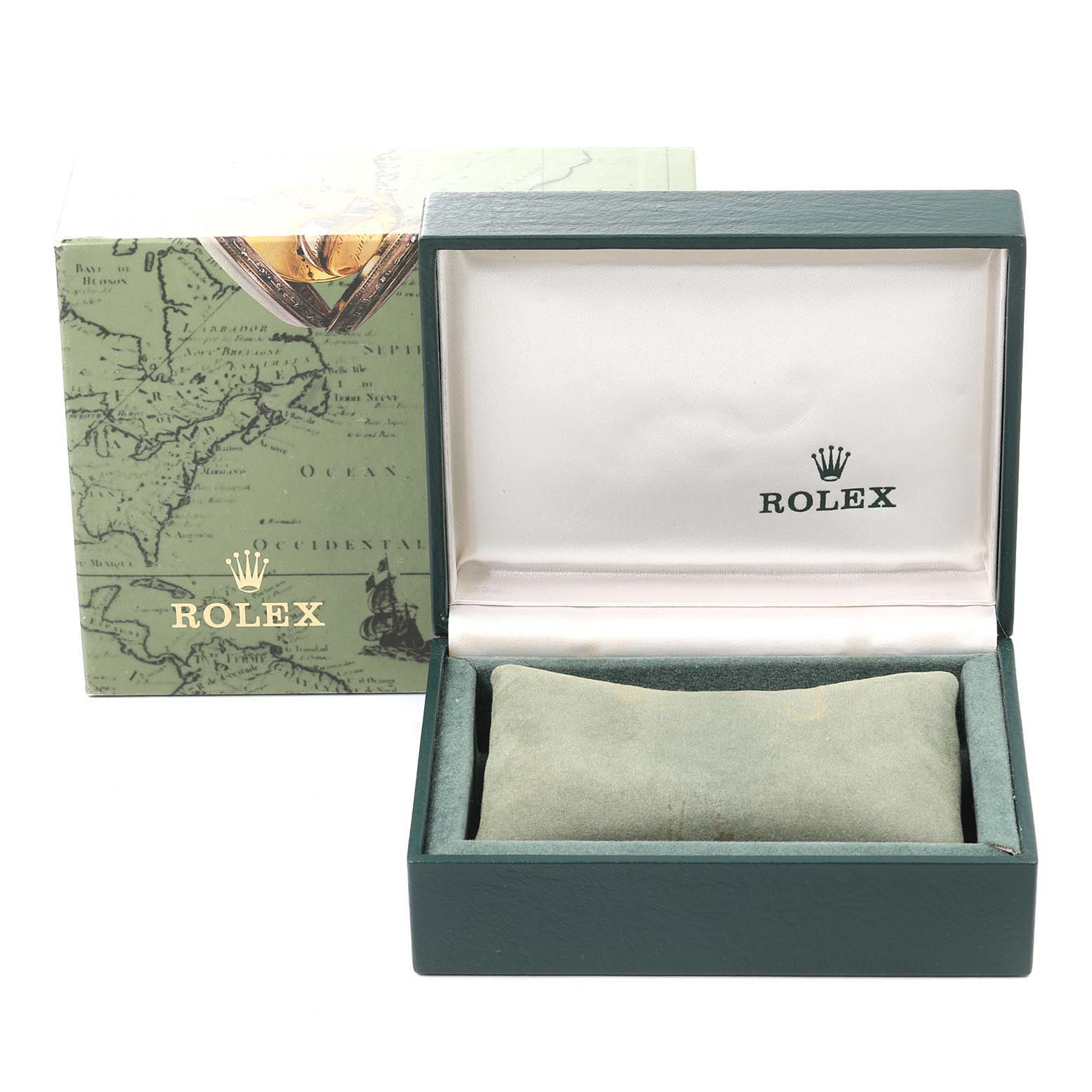 The image shows an open Rolex watch box and packaging for a Mid-Size model, displaying the interior pillow and exterior box design.