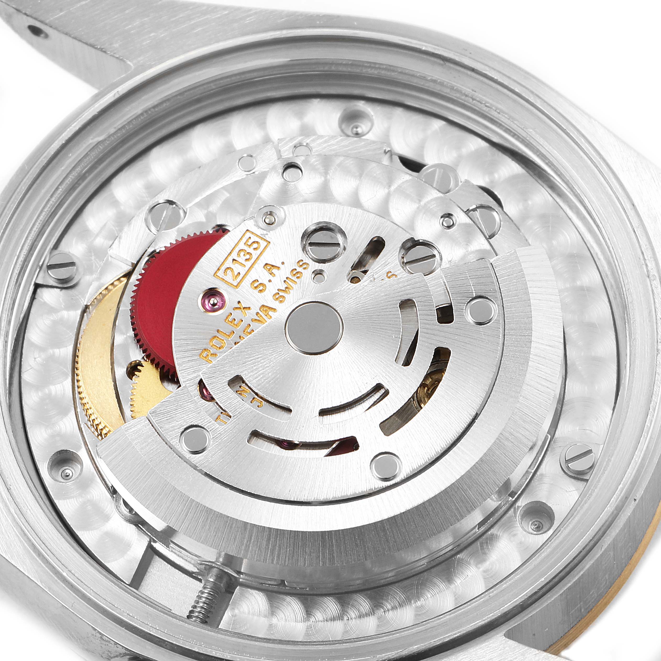 This image shows the internal mechanism of a Mid-Size Rolex watch from a rear, close-up angle.