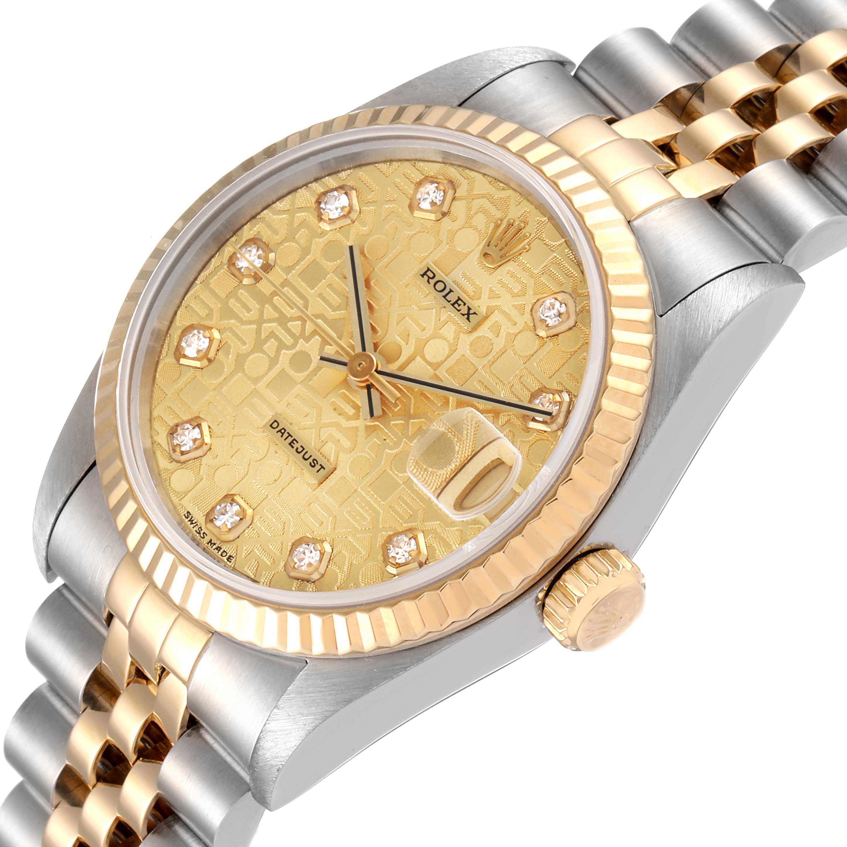 The Rolex Mid-Size 68273 Women's Steel and Gold (two tone) Champagne Dial 68273 Women's Steel and Gold (two tone) Champagne Dial Datejust watch is shown at a slight angle, highlighting the dial, bezel, crown, and bracelet.