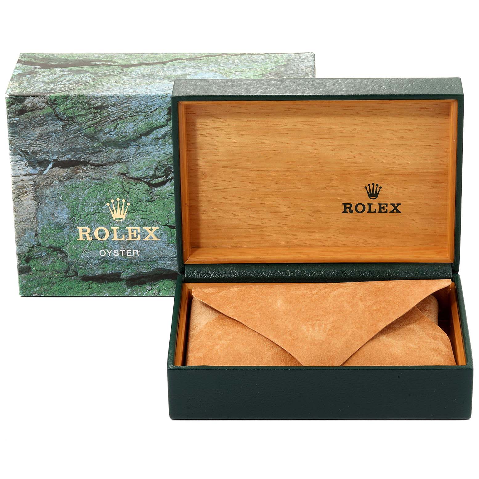 The image displays the open green Rolex box and outer packaging for a Mid-Size Rolex watch at a front angle.