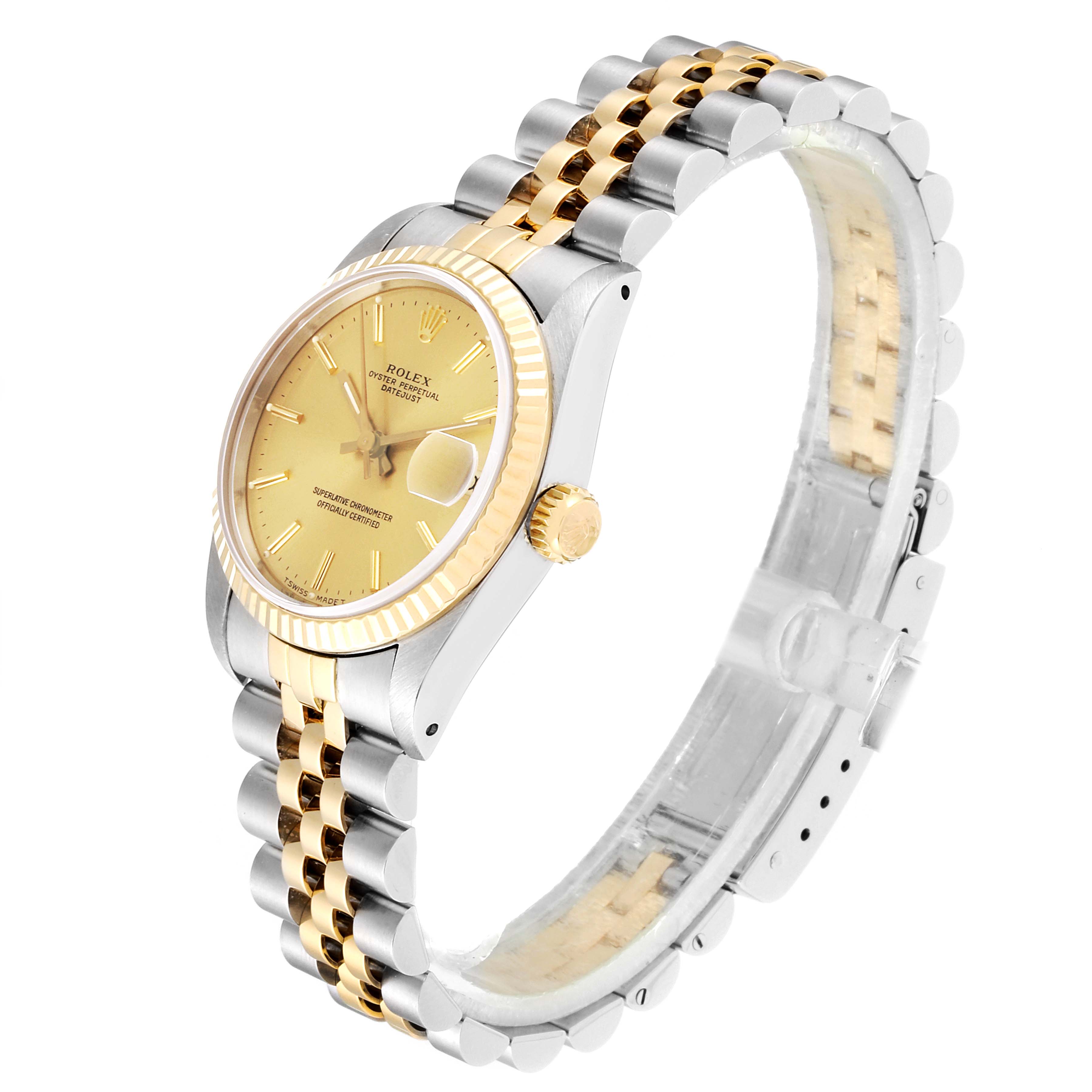 The image shows a gold and silver Rolex Mid-Size 68273  Women
s Steel and Gold (two tone) Champagne Dial 68273  Women
s Steel and Gold (two tone) Champagne Dial model watch at a tilted side angle, highlighting the face, bezel, crown, and jubilee bracelet.