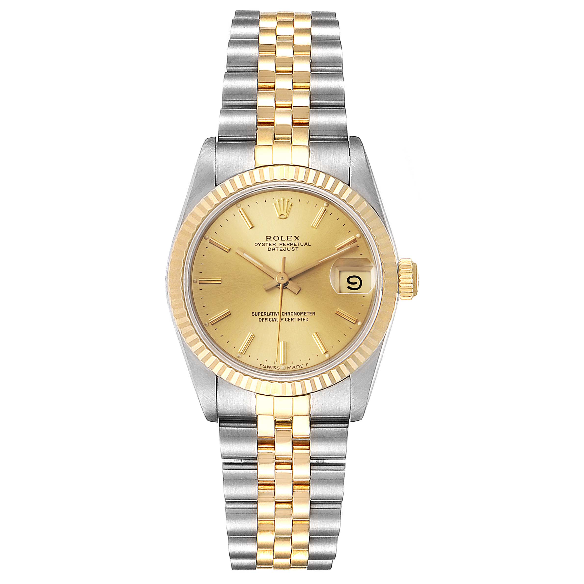 This image shows a front-facing view of a Rolex Oyster Perpetual Datejust Mid-Size watch, featuring a gold dial and a two-tone bracelet.