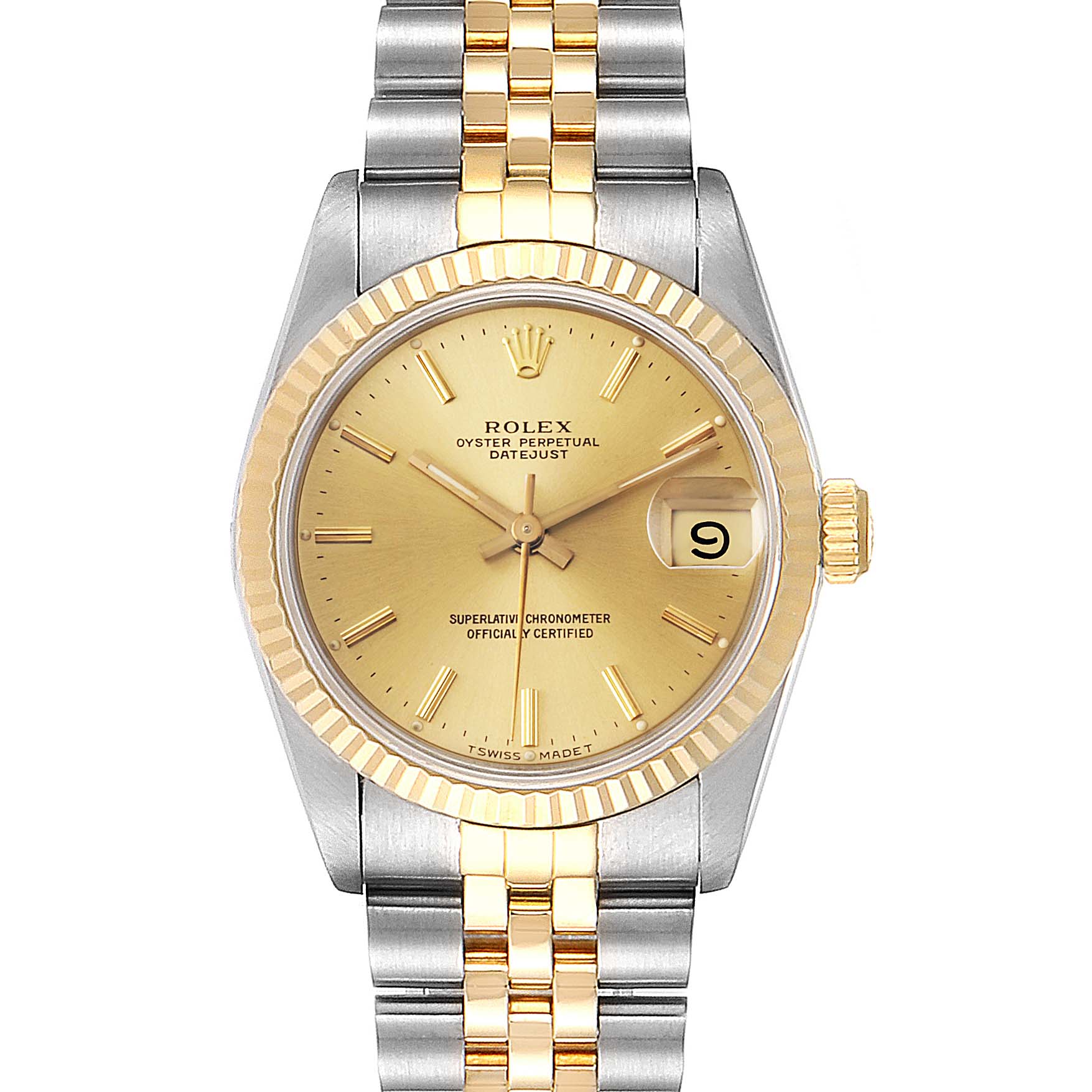 The image shows a front view of a Rolex Mid-Size 68273  Women
s Steel and Gold (two tone) Champagne Dial 68273  Women
s Steel and Gold (two tone) Champagne Dial Datejust watch with a two-tone bracelet and gold dial.