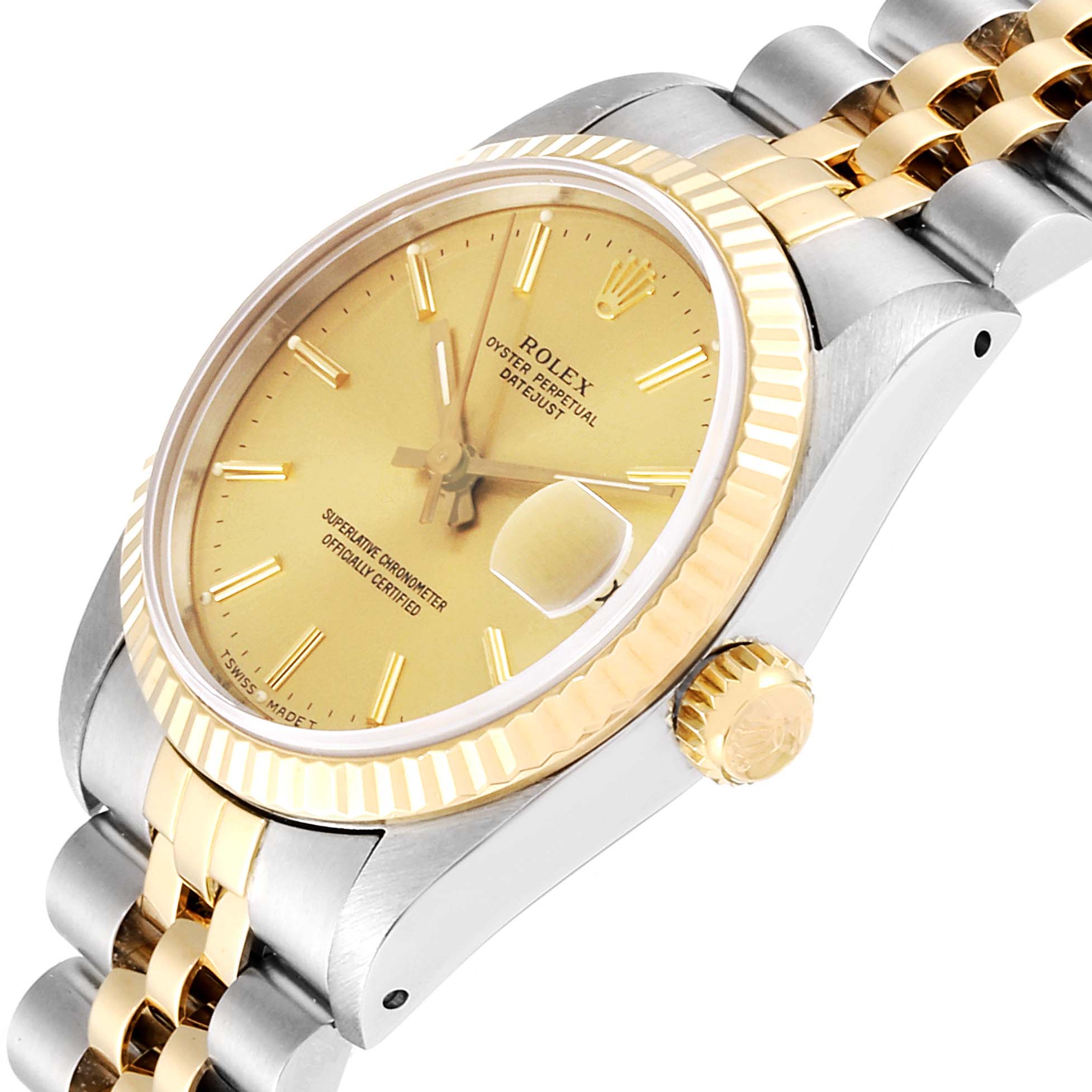 The Mid-Size Rolex watch is shown at a slight angle, displaying its gold dial, fluted bezel, and part of its two-tone bracelet.