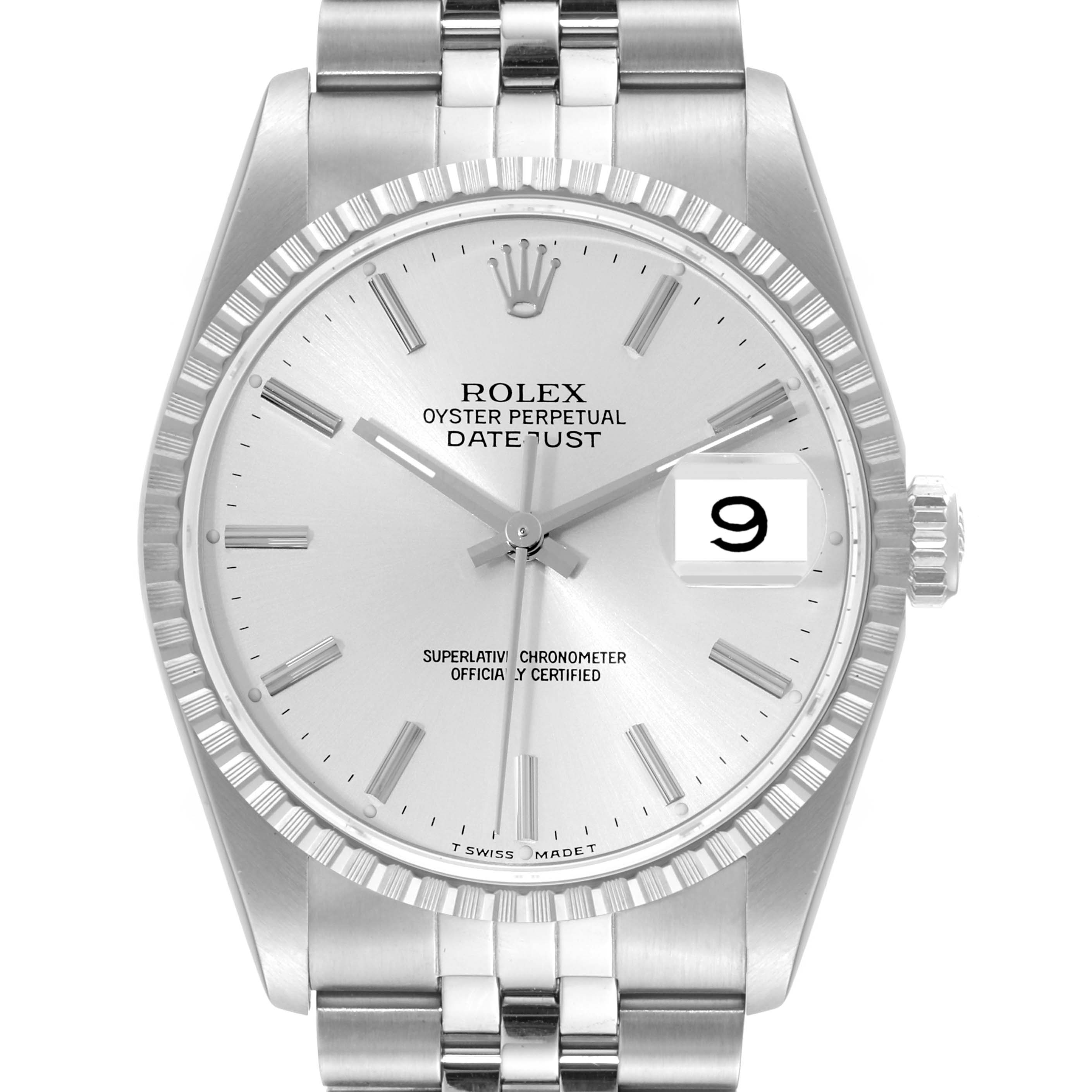 This image shows a frontal view of a Rolex Datejust 16220 Men's Stainless Steel Silver Dial 16220 Men's Stainless Steel Silver Dial watch, highlighting its dial, bezel, and bracelet.