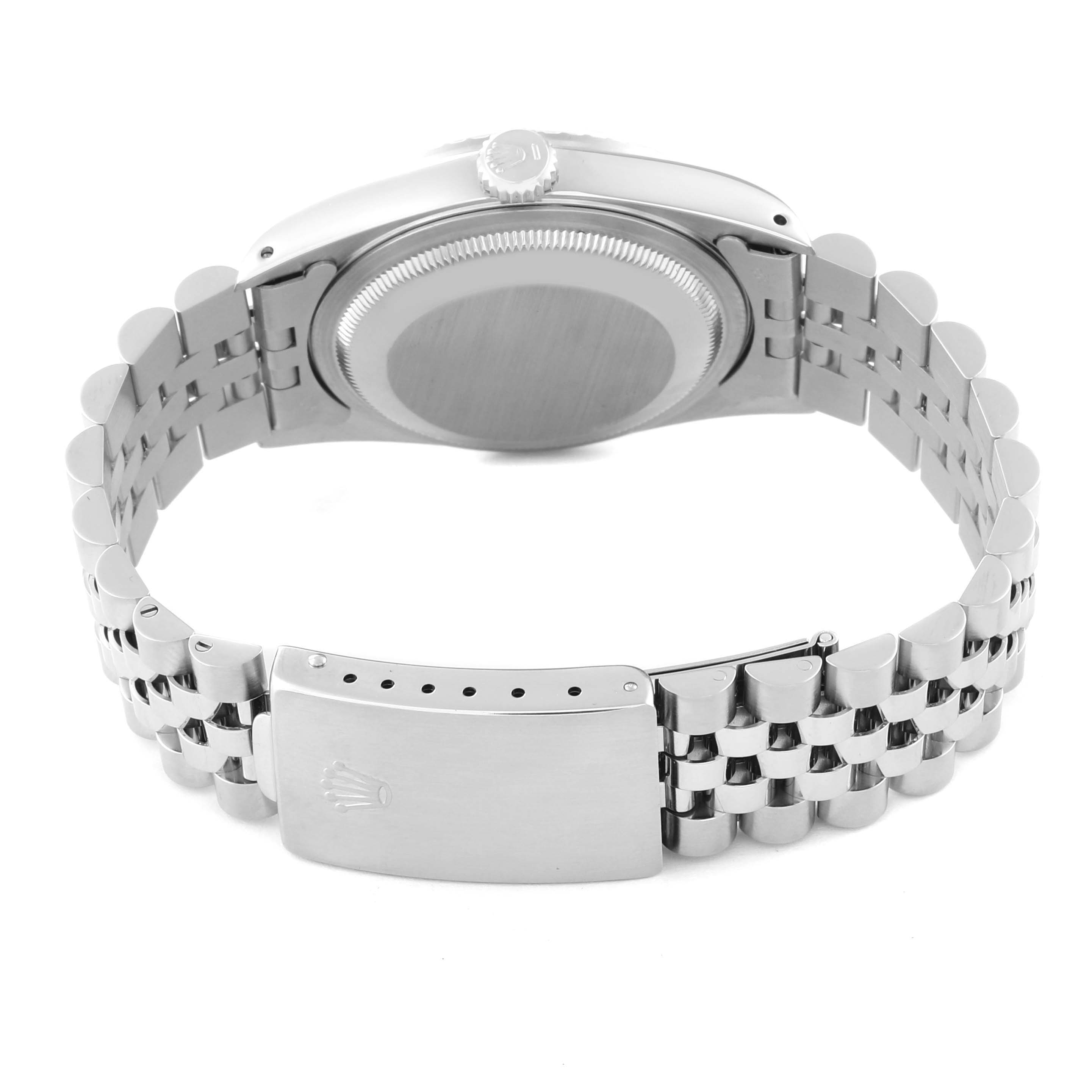 The image shows the backside and bracelet of a Rolex Datejust 16220 Men's Stainless Steel Silver Dial 16220 Men's Stainless Steel Silver Dial watch from a rear angle, highlighting the clasp and case back.