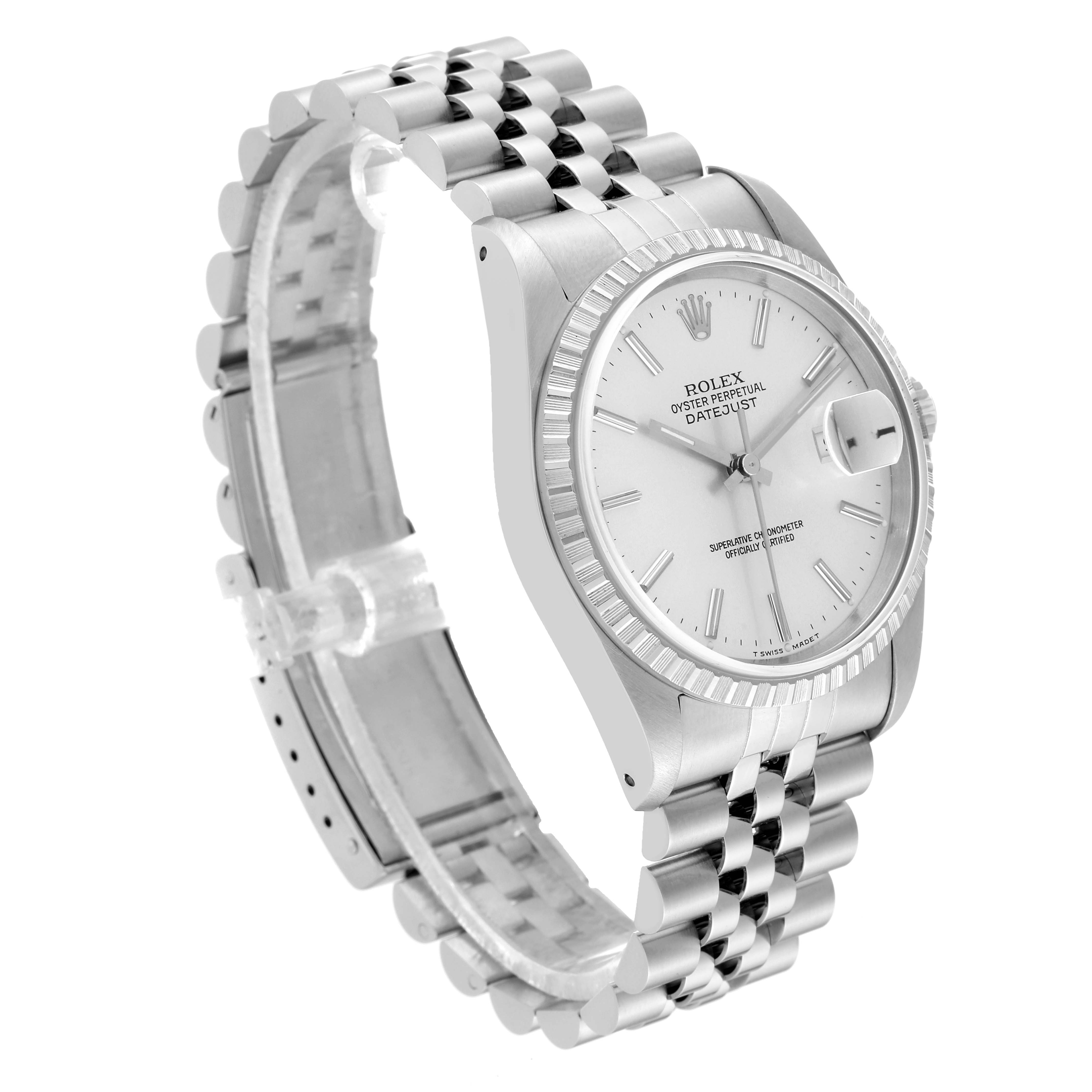 The image shows a Rolex Datejust 16220 Men's Stainless Steel Silver Dial 16220 Men's Stainless Steel Silver Dial watch from a three-quarter angle, highlighting the silver dial, fluted bezel, and jubilee bracelet.
