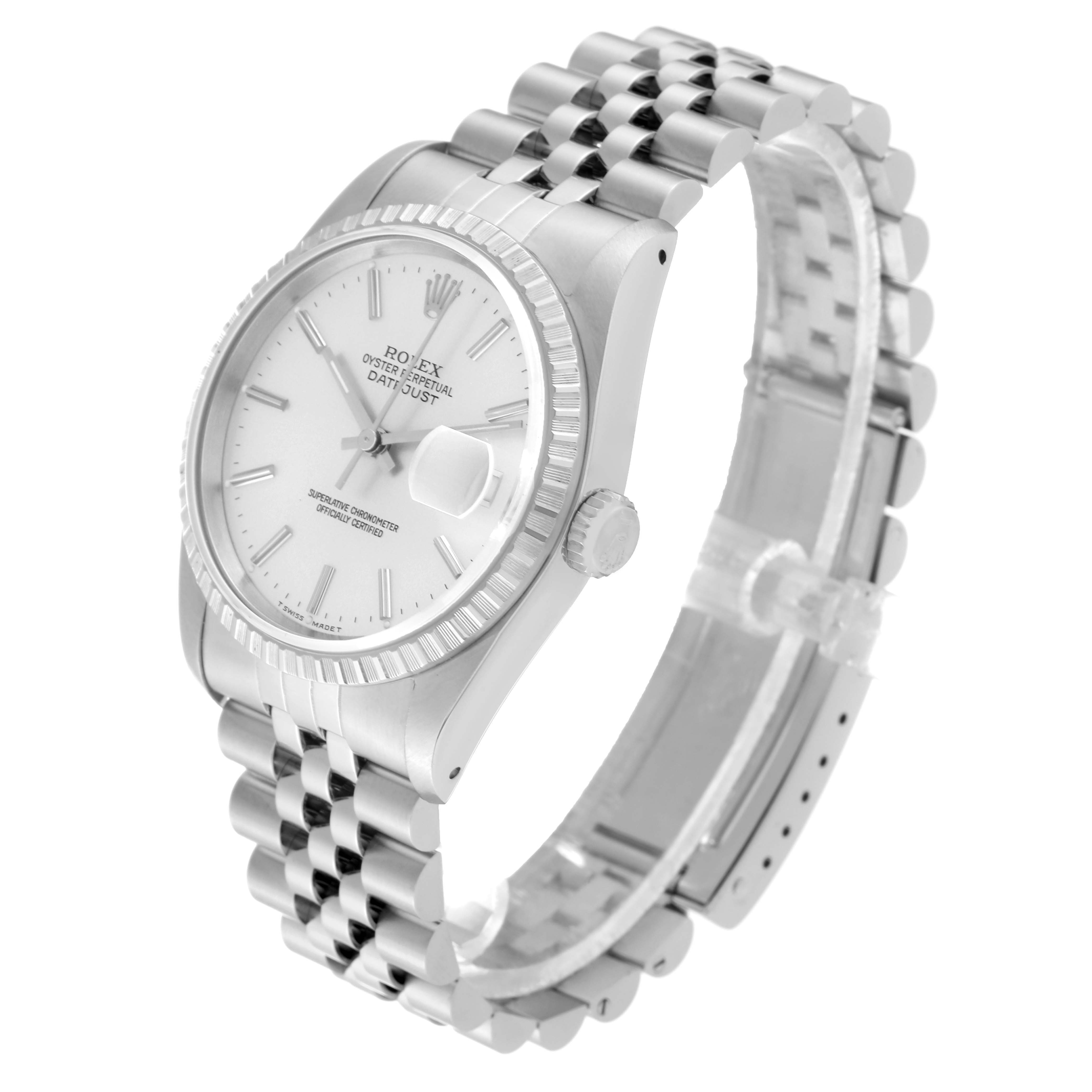 This image shows a Rolex Datejust 16220 Men's Stainless Steel Silver Dial 16220 Men's Stainless Steel Silver Dial watch from a side angle, highlighting the face, bezel, crown, and the bracelet.