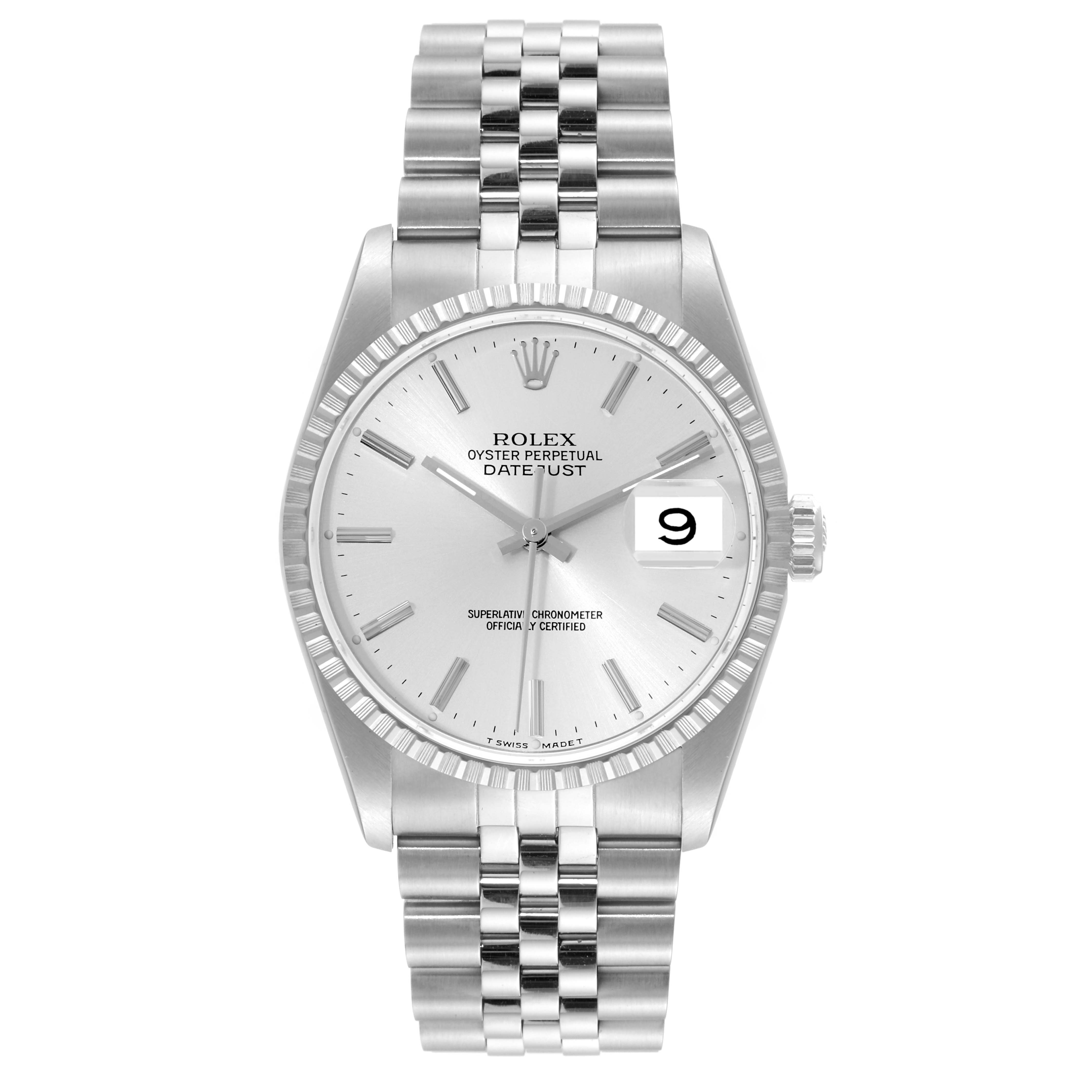 This is a front view of a Rolex Datejust 16220 Men's Stainless Steel Silver Dial 16220 Men's Stainless Steel Silver Dial showing the watch face, fluted bezel, and Jubilee bracelet.