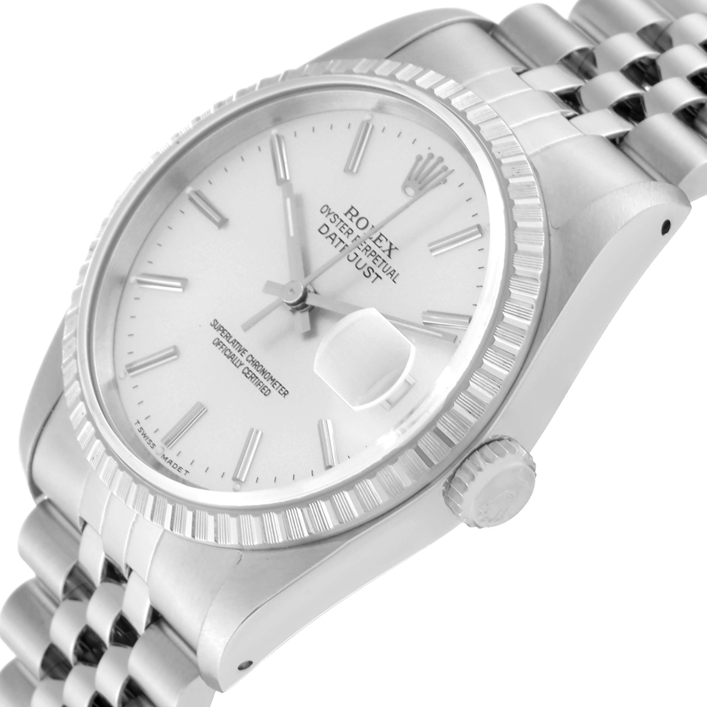 The image shows a close-up of the face, bezel, crown, and part of the bracelet of a Rolex Datejust 16220 Men's Stainless Steel Silver Dial 16220 Men's Stainless Steel Silver Dial watch.