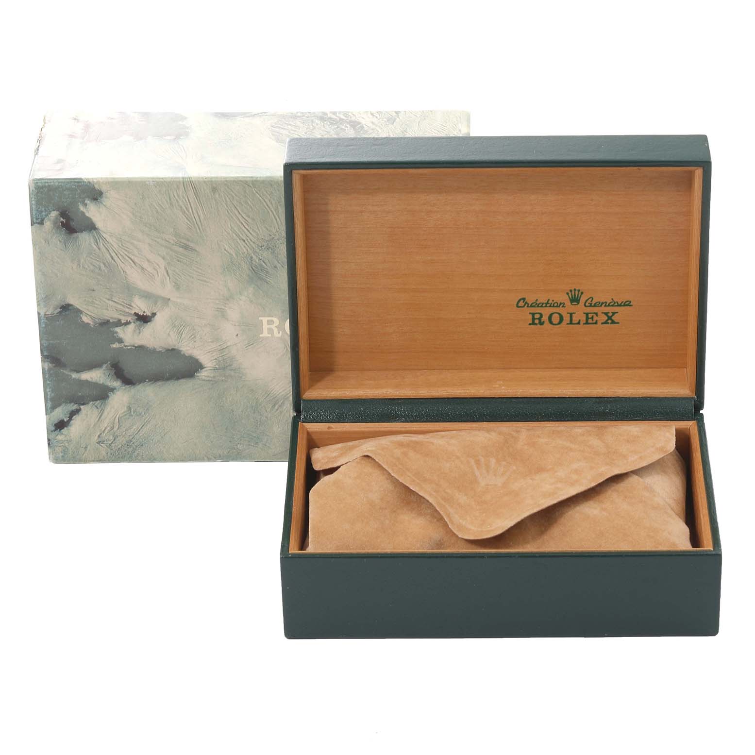 The image shows an open Rolex Datejust 16220 Men's Stainless Steel Silver Dial 16220 Men's Stainless Steel Silver Dial watch box with a suede pouch, and the outer packaging box in the background.