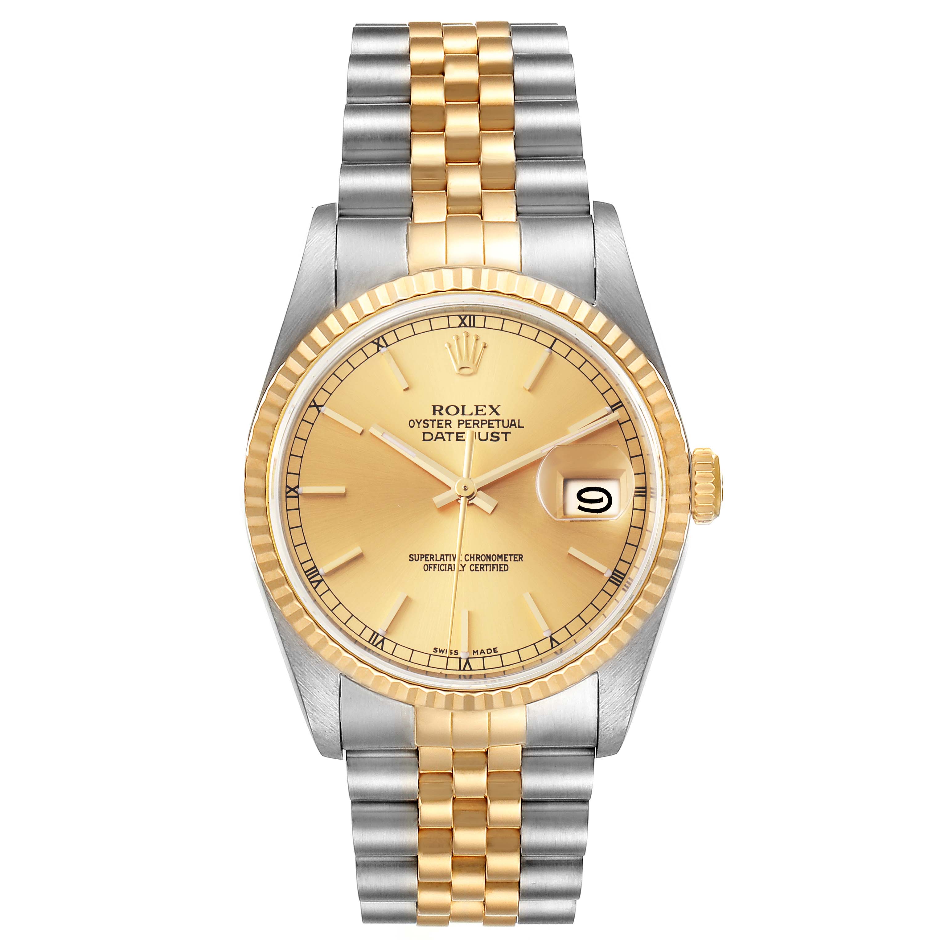 This image shows a Rolex Datejust 16233 Men's Steel and Gold (two tone) Champagne Dial 16233 Men's Steel and Gold (two tone) Champagne Dial watch from a top-down view, showcasing its dial, bezel, crown, and two-tone bracelet.