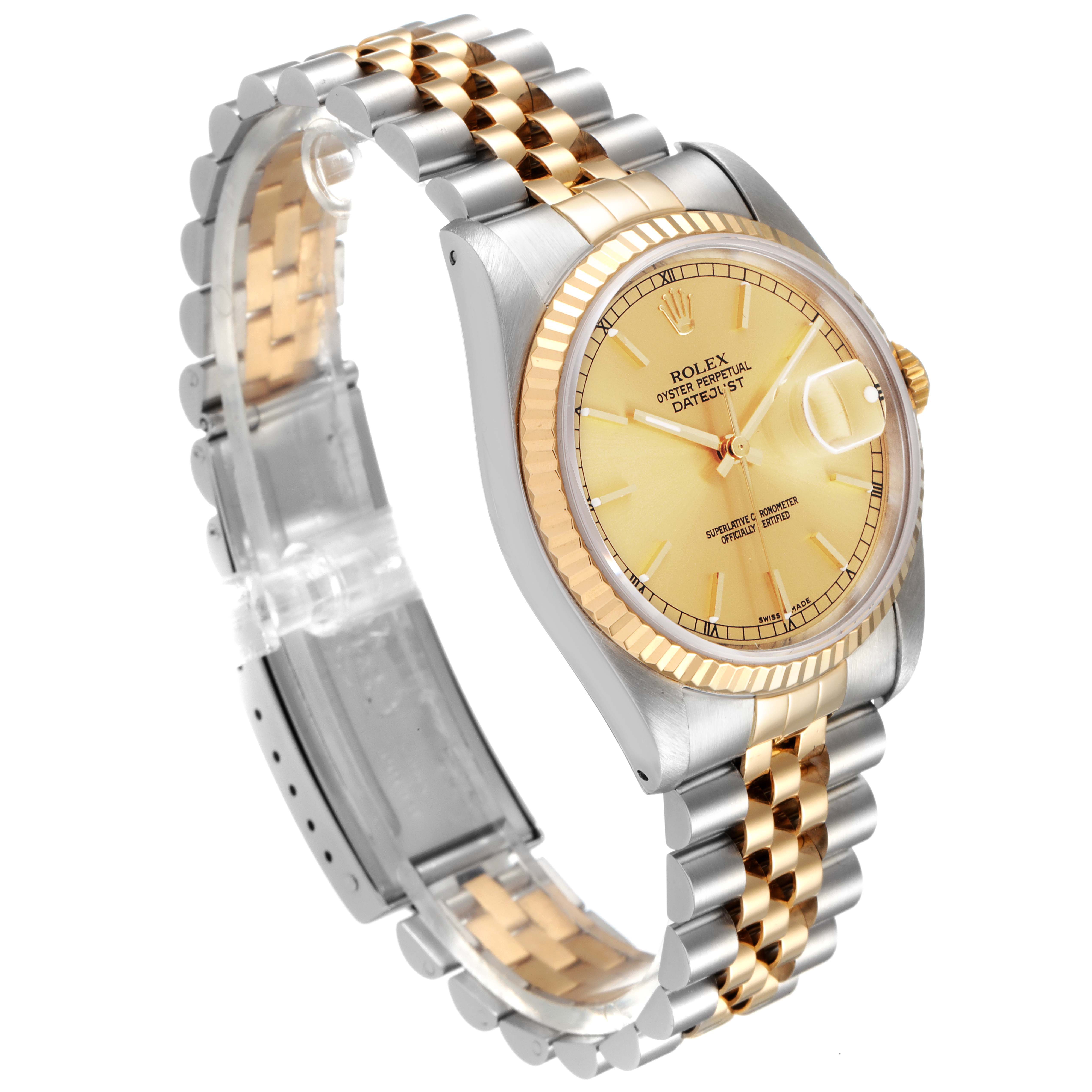 The image shows a side angle of a Rolex Datejust 16233 Men's Steel and Gold (two tone) Champagne Dial 16233 Men's Steel and Gold (two tone) Champagne Dial watch, highlighting the bezel, dial, case, and bracelet.