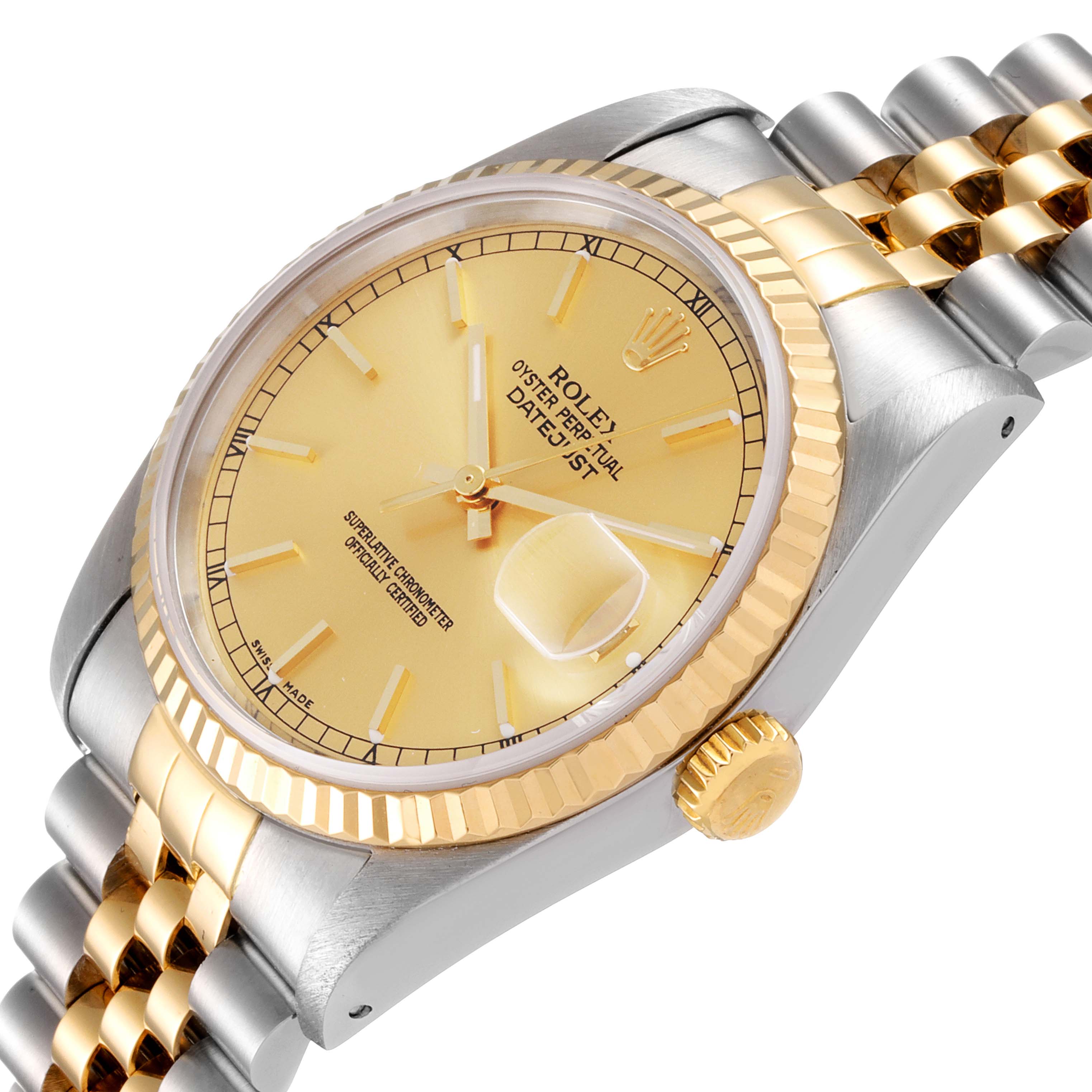 The Rolex Datejust 16233 Men's Steel and Gold (two tone) Champagne Dial 16233 Men's Steel and Gold (two tone) Champagne Dial watch is shown at an angled close-up, highlighting the dial, crown, bezel, and part of the bracelet.