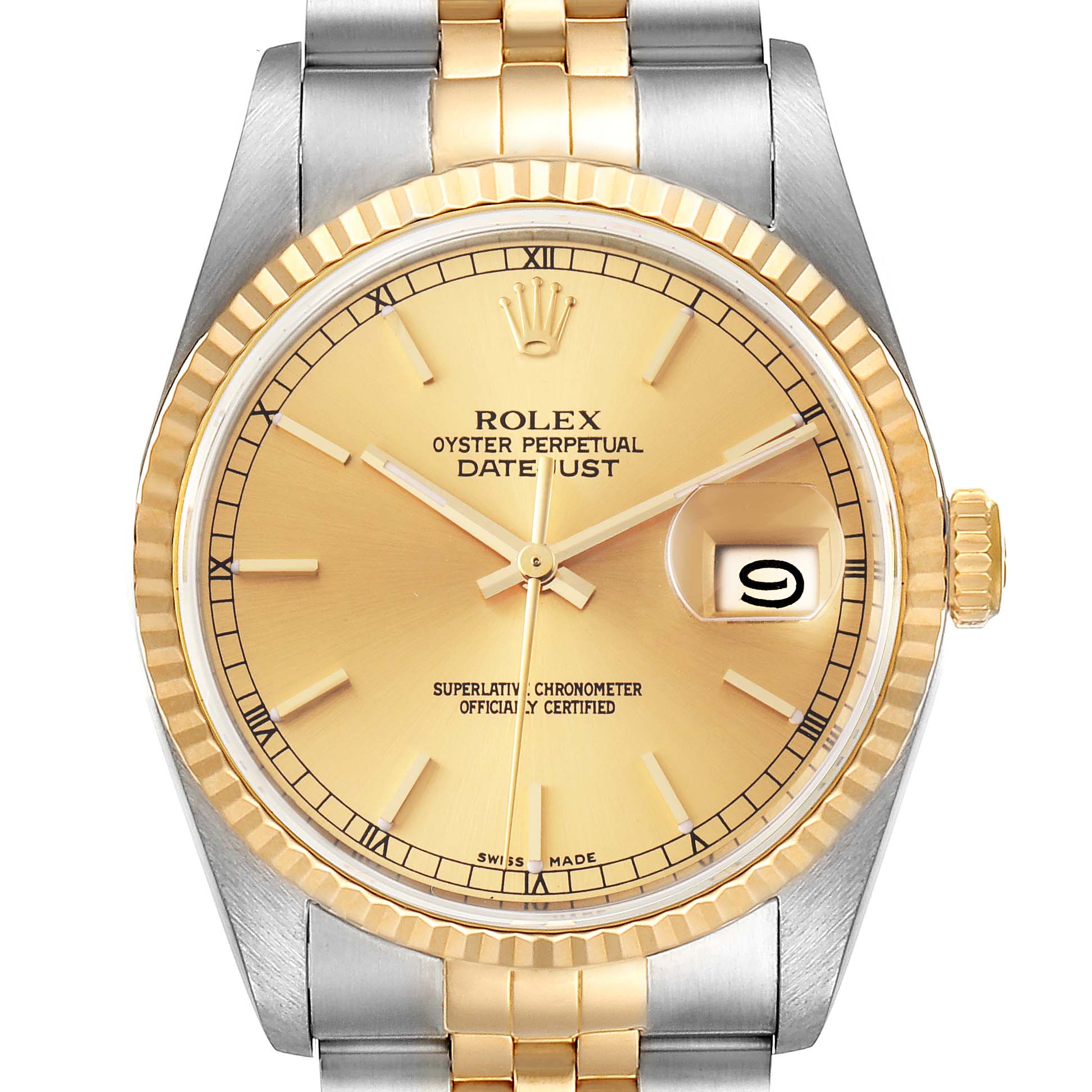 This image shows the front view of the Rolex Datejust 16233 Men's Steel and Gold (two tone) Champagne Dial 16233 Men's Steel and Gold (two tone) Champagne Dial watch, highlighting its face, bezel, and part of the bracelet.