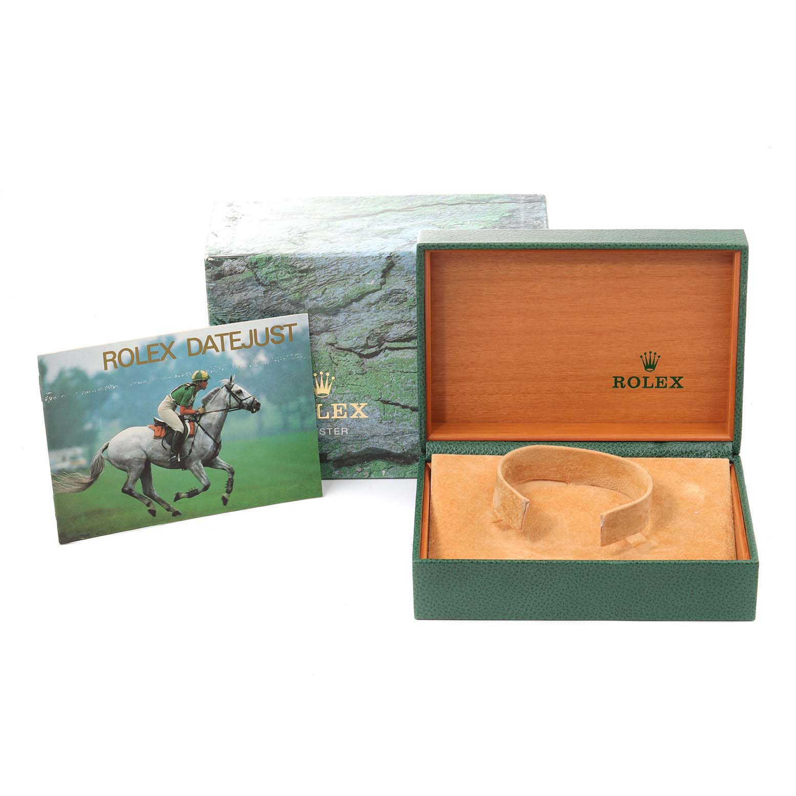 The image shows a Rolex Datejust 16233 Men's Steel and Gold (two tone) Champagne Dial 16233 Men's Steel and Gold (two tone) Champagne Dial watch box and manual from a front angle.