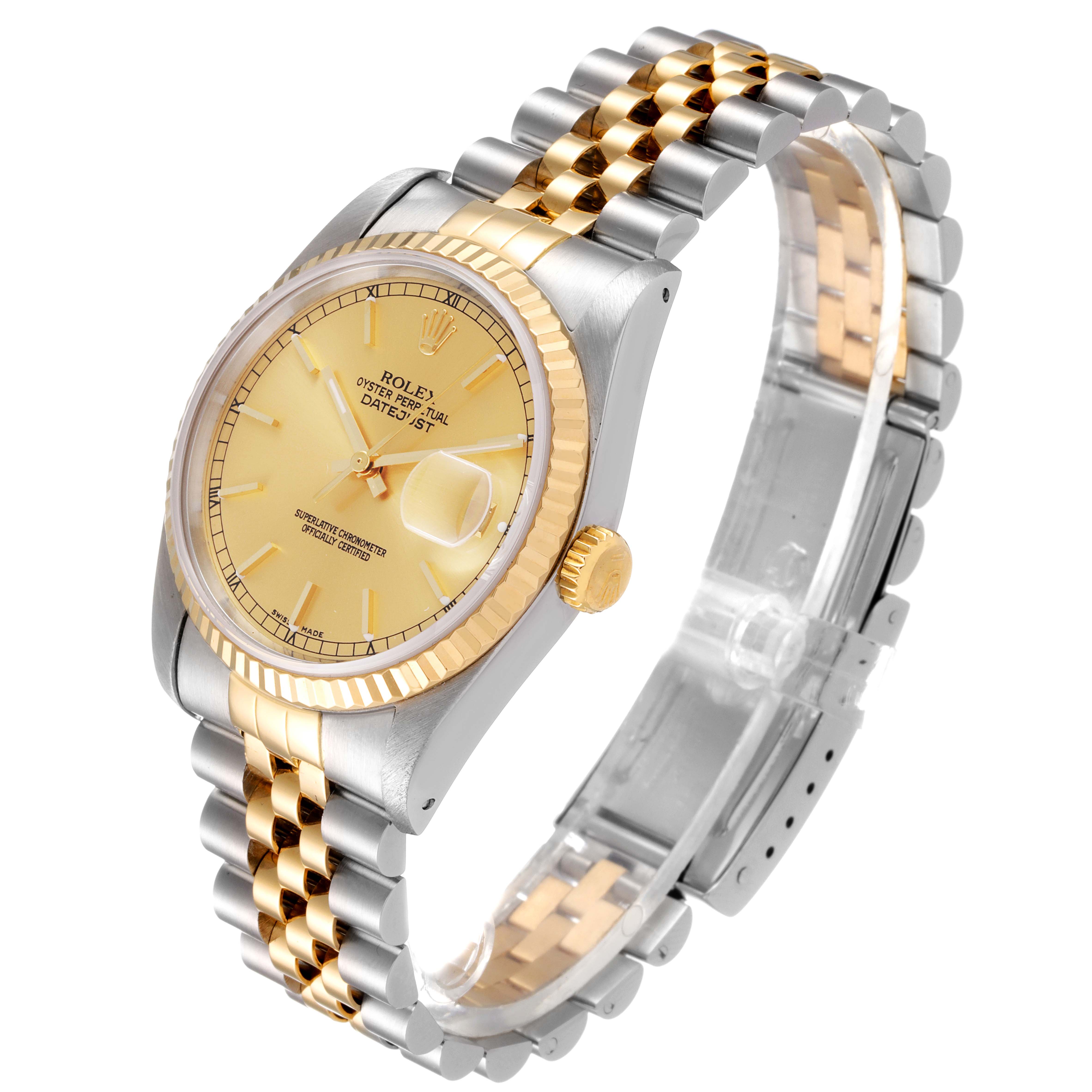 This image shows a side view of a Rolex Datejust 16233 Men's Steel and Gold (two tone) Champagne Dial 16233 Men's Steel and Gold (two tone) Champagne Dial watch, highlighting its gold and silver bracelet, and champagne dial.