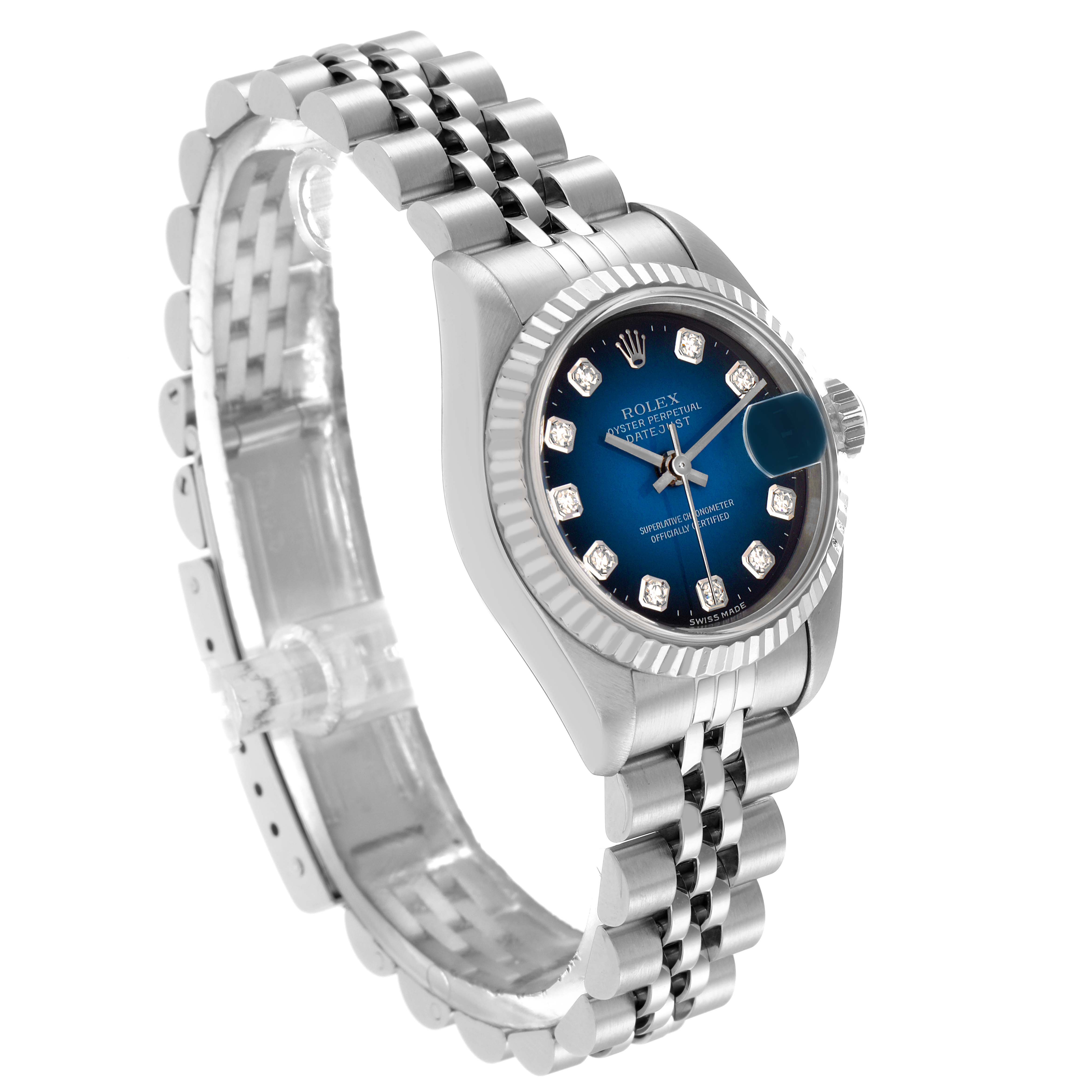 The Rolex Datejust 69174 Women
s Stainless Steel Blue Dial 69174 Women
s Stainless Steel Blue Dial watch is shown at an angle displaying its face, bezel, and bracelet.
