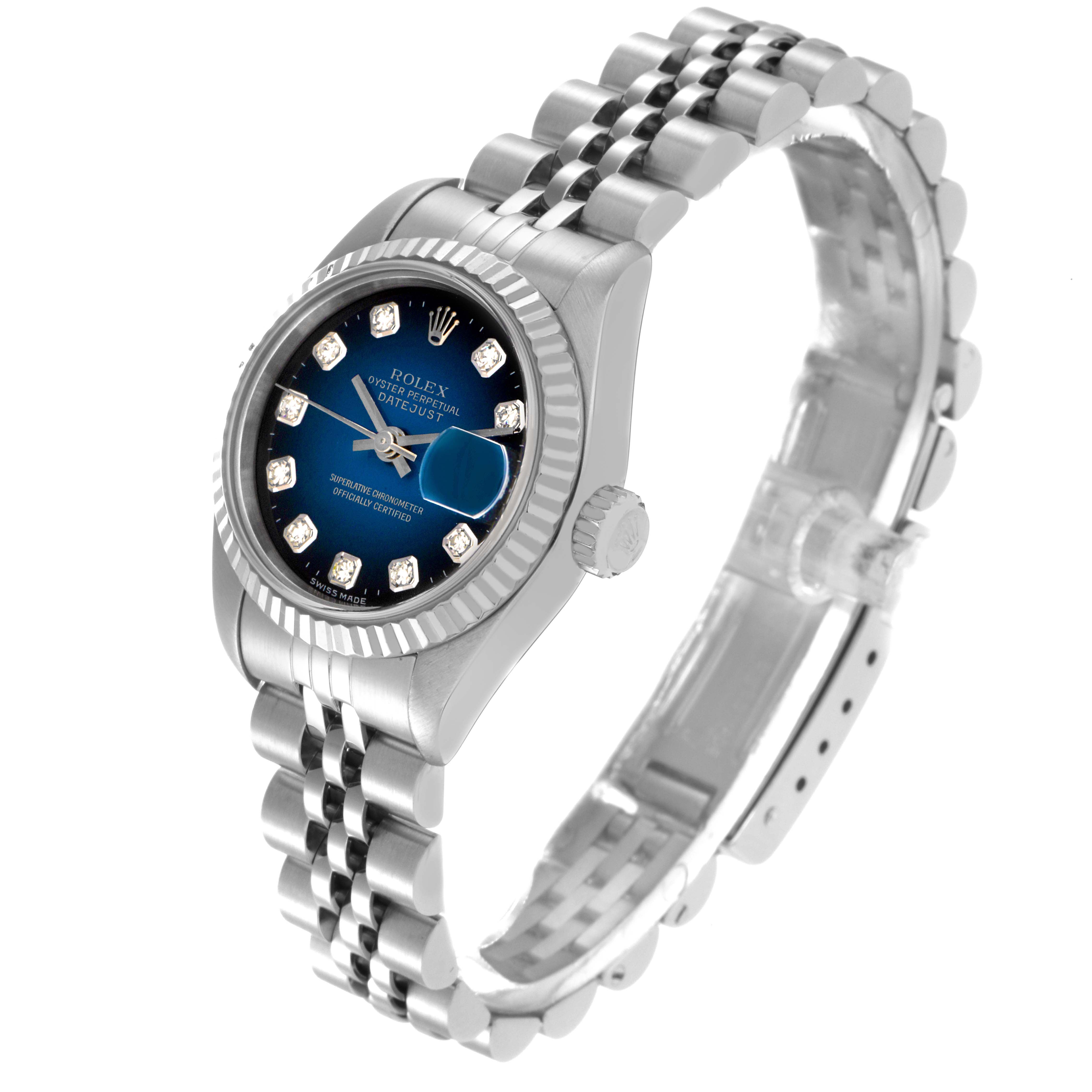 The Rolex Datejust 69174 Women
s Stainless Steel Blue Dial 69174 Women
s Stainless Steel Blue Dial watch is shown at a three-quarter angle displaying the dial, case, crown, and bracelet.