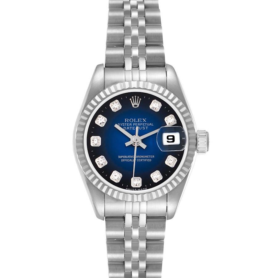 The Rolex Datejust watch is shown from the front, displaying the face, bezel, crown, and part of the bracelet.