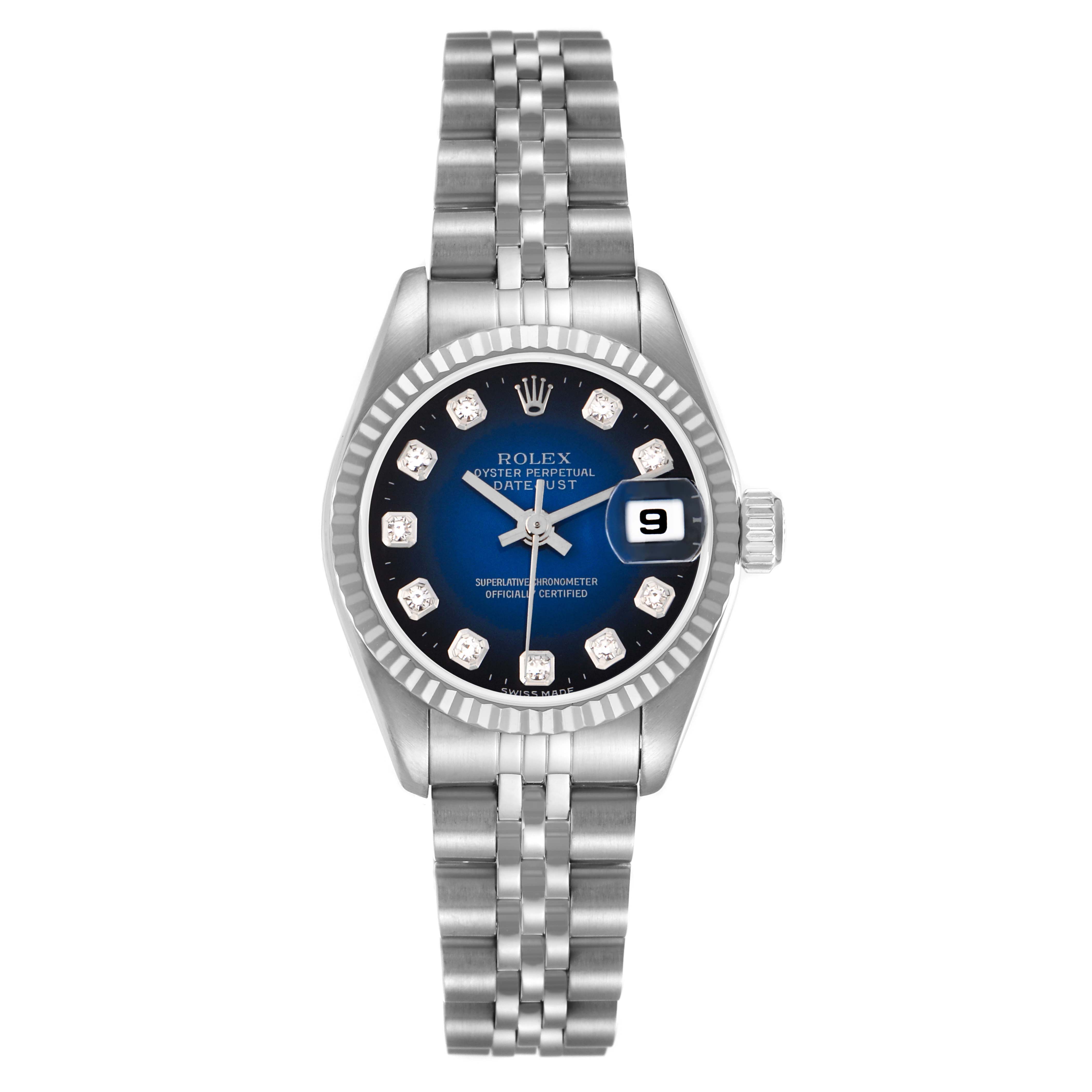 The Rolex Datejust 69174 Women
s Stainless Steel Blue Dial 69174 Women
s Stainless Steel Blue Dial watch is shown from the front, highlighting the dial, bezel, bracelet, and date window.