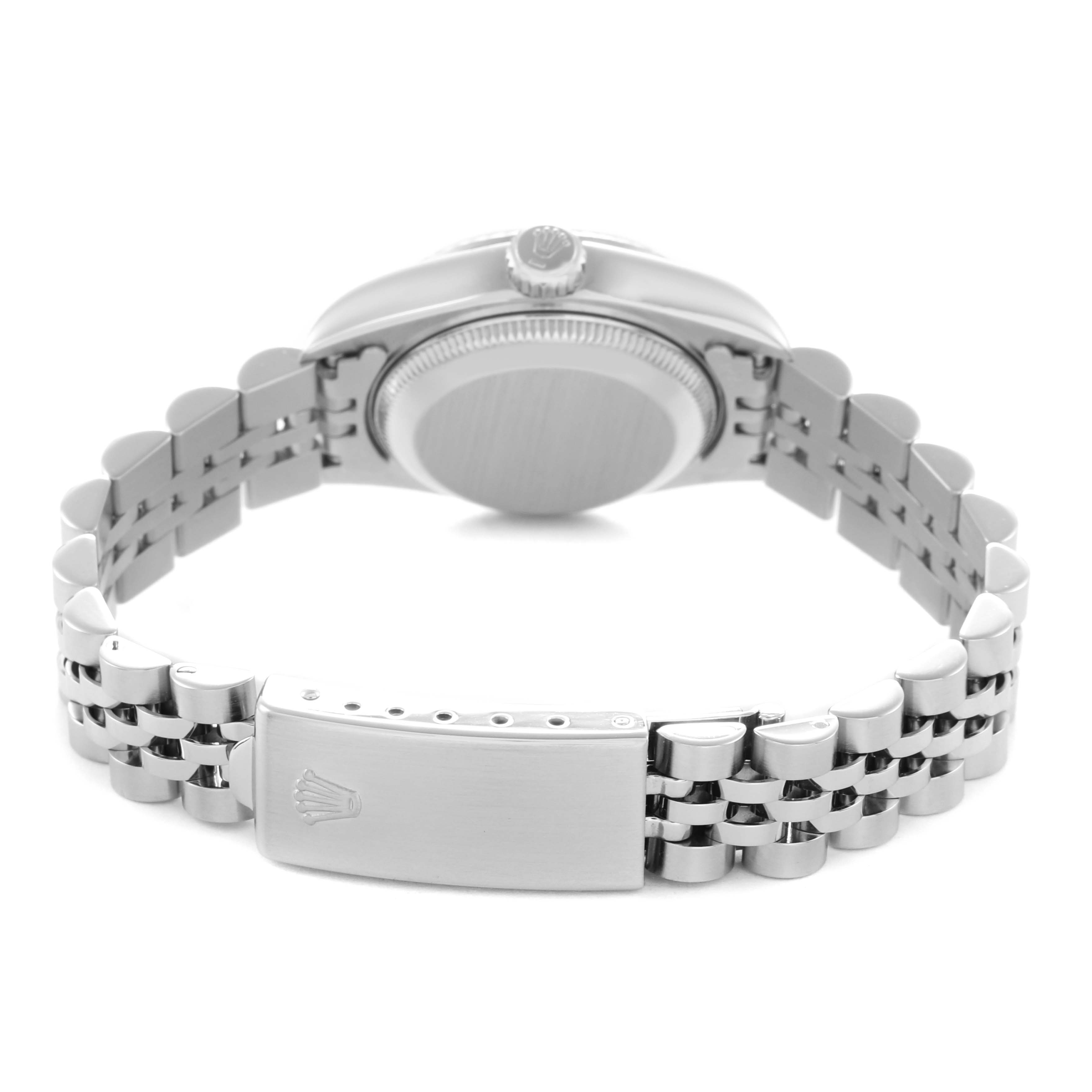 The Rolex Datejust 69174 Women
s Stainless Steel Blue Dial 69174 Women
s Stainless Steel Blue Dial watch is shown from the back, highlighting the clasp, bracelet, and partially the case.