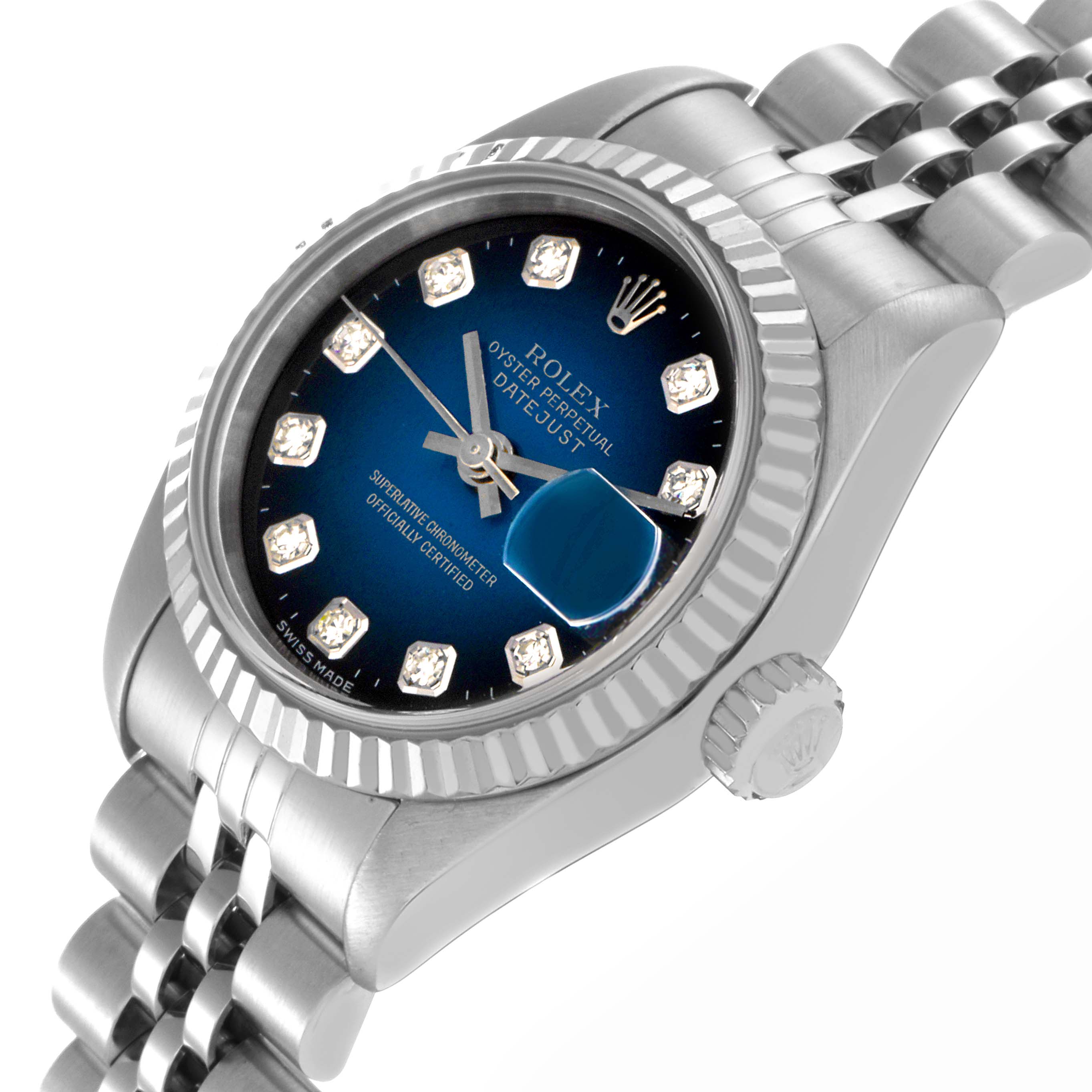 The Rolex Datejust 69174 Women
s Stainless Steel Blue Dial 69174 Women
s Stainless Steel Blue Dial watch is shown at an angled top-down view, highlighting the dial, bezel, crown, and part of the bracelet.