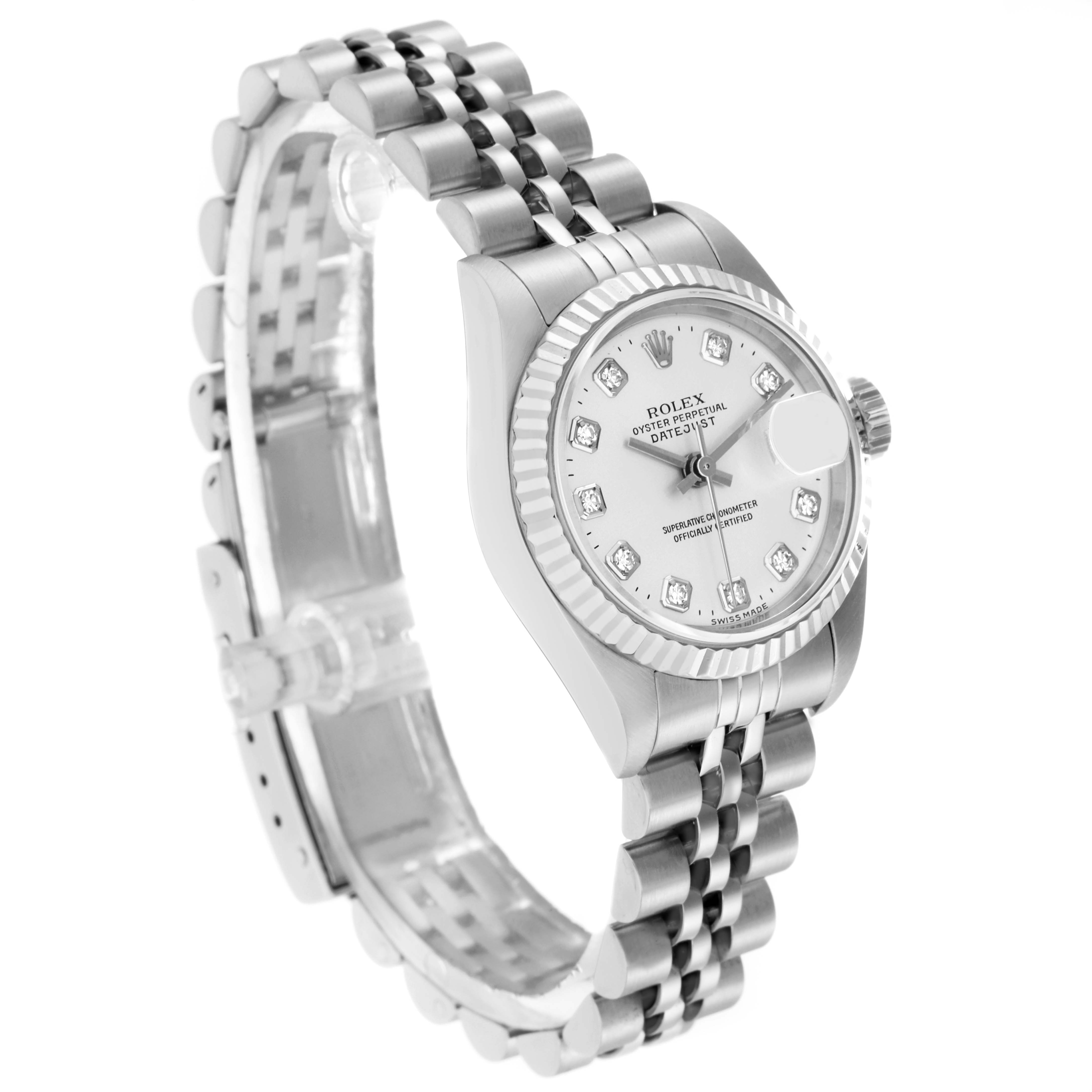 The Rolex Datejust 79174 Women
s Stainless Steel Silver Dial 79174 Women
s Stainless Steel Silver Dial watch is shown at a diagonal angle, highlighting the bezel, dial, and bracelet.