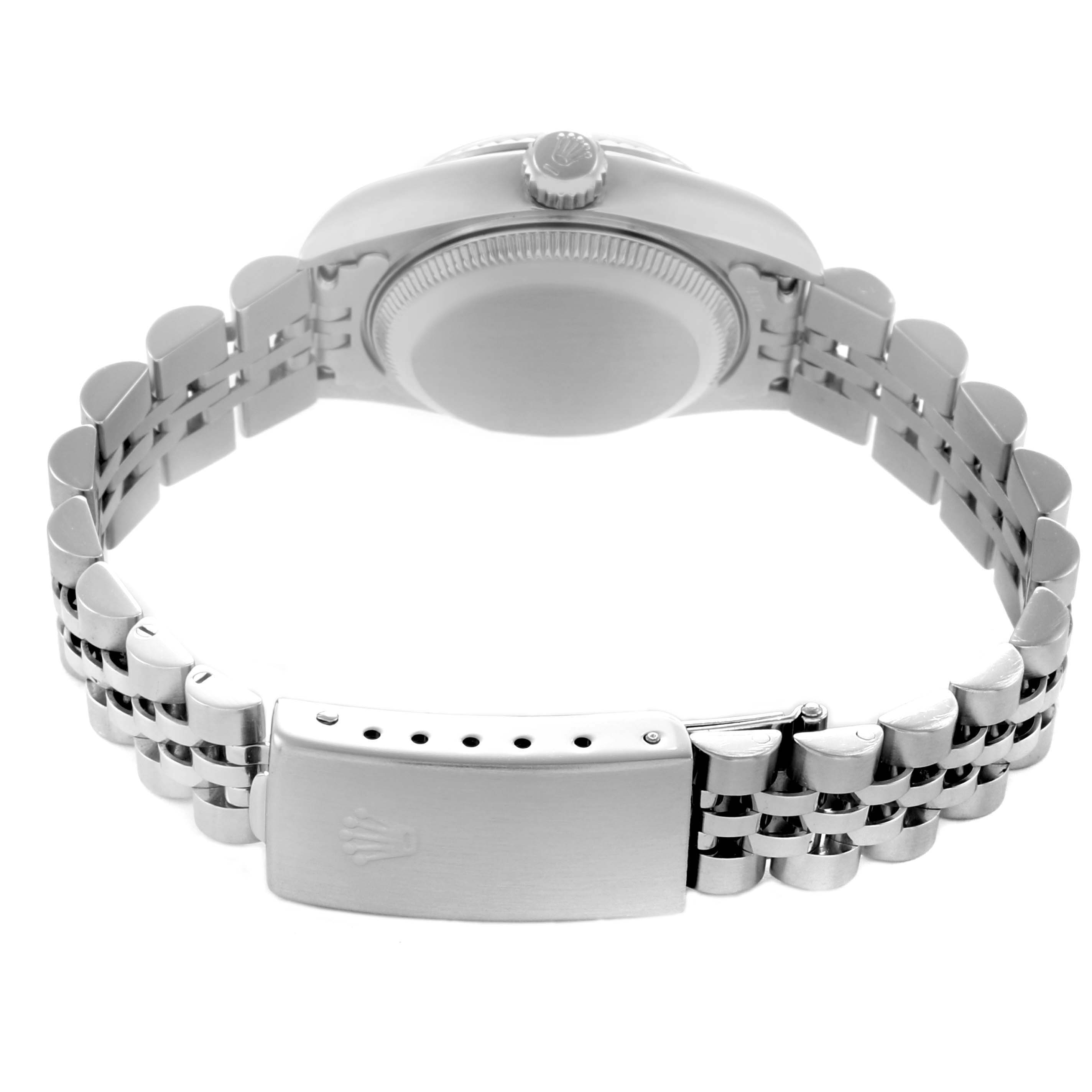 The Rolex Datejust 79174 Women
s Stainless Steel Silver Dial 79174 Women
s Stainless Steel Silver Dial is shown from the back, highlighting the bracelet and clasp with the crown logo on display.